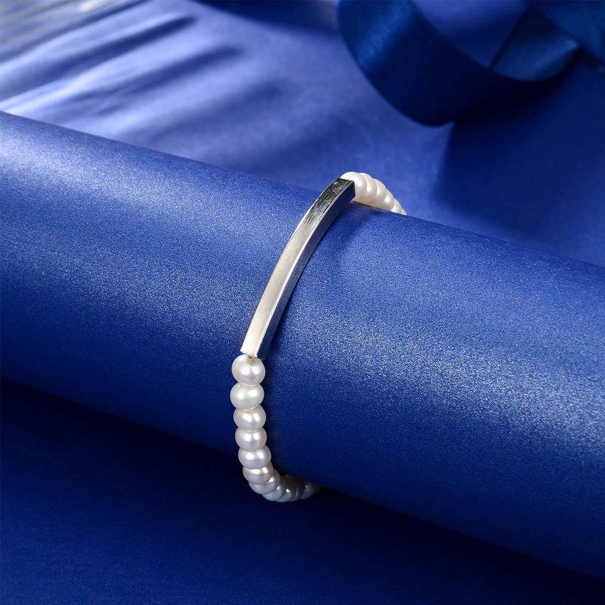 4-5mm white freshwater pearl silver resizable chain bracelet fashion handmade silver curved bar bracelet