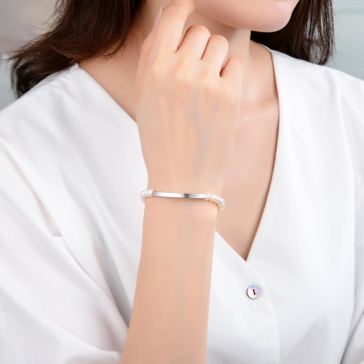 fashion handmade freshwater pearl bracelet with silver bar silver resizable chain bracelet