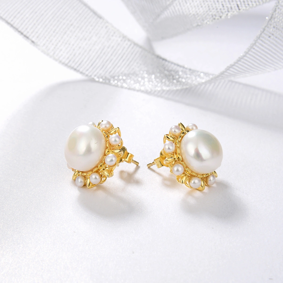 button pearl flower cluster stud earrings gold plated
