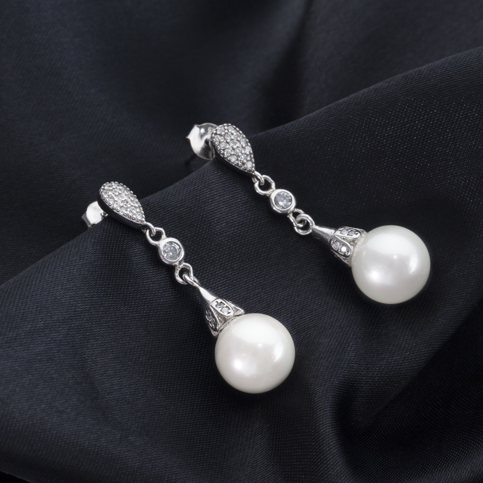 8-9mm white shell pearl silver cz stud earrings rhodium plated