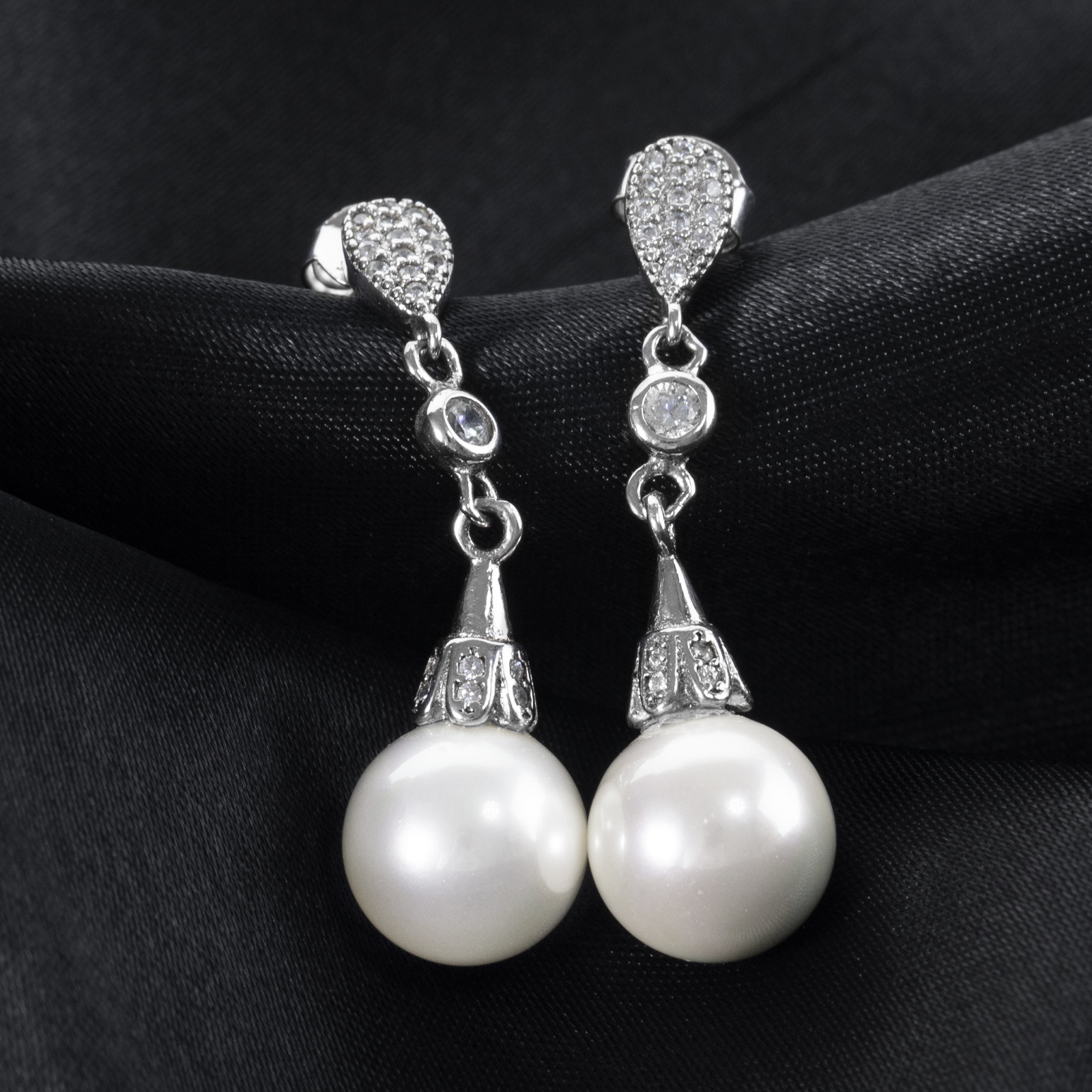 elegant silver cz stud earrings shell pearl