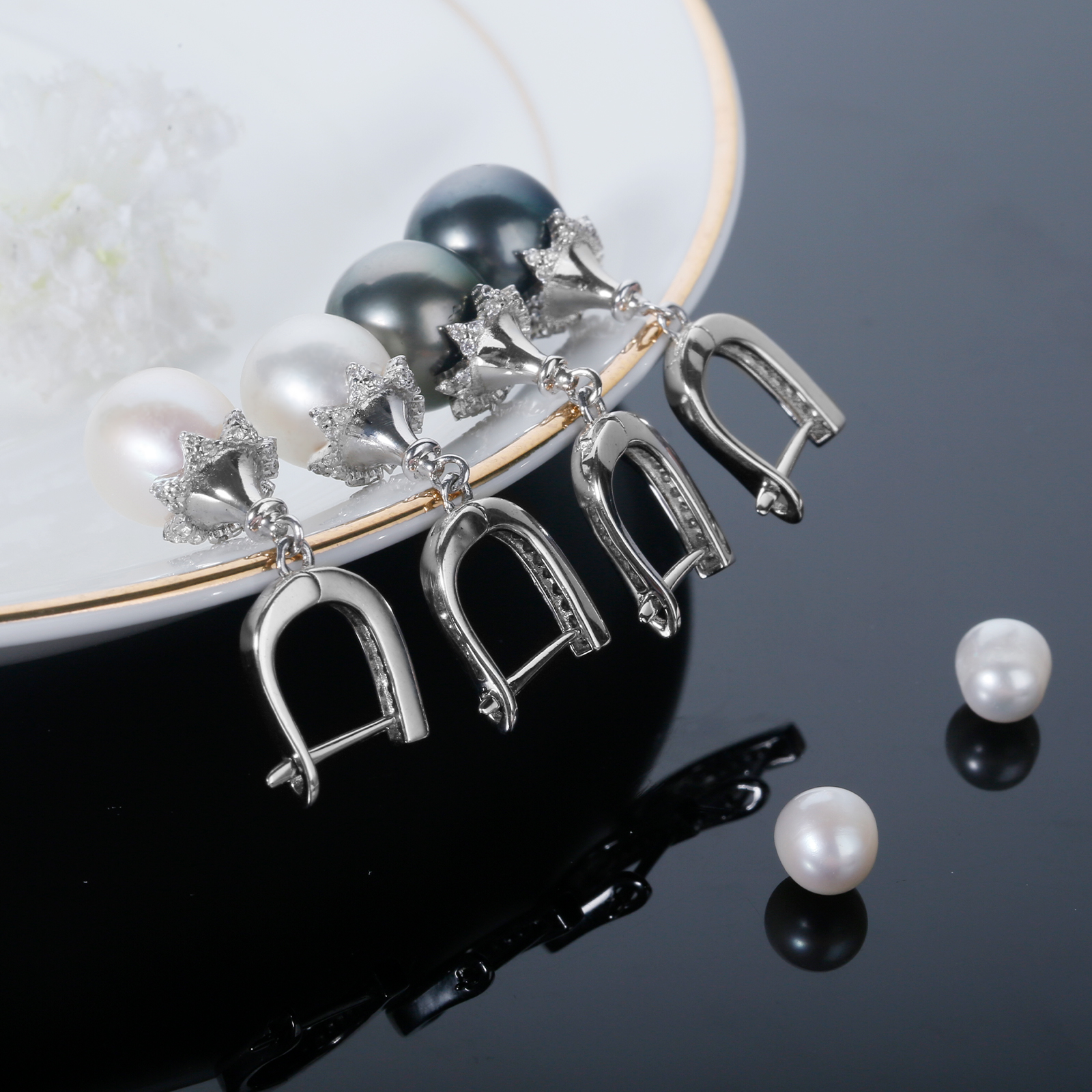 elegant silver cz huggie earrings freshwater pearl