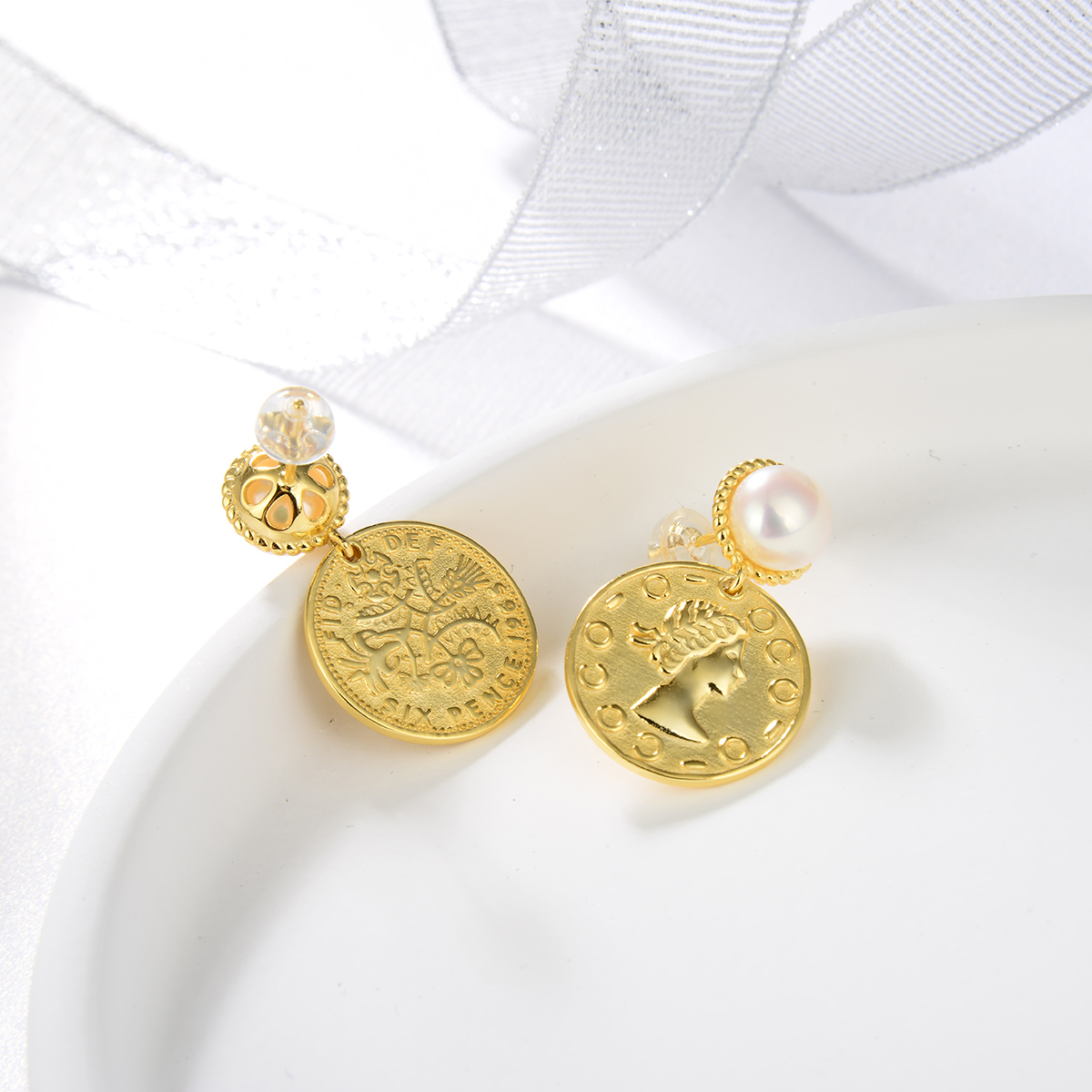 8-9mm freshwater pearl earrings gold plated with 925 sterling silver round pendant vintage drop earrings