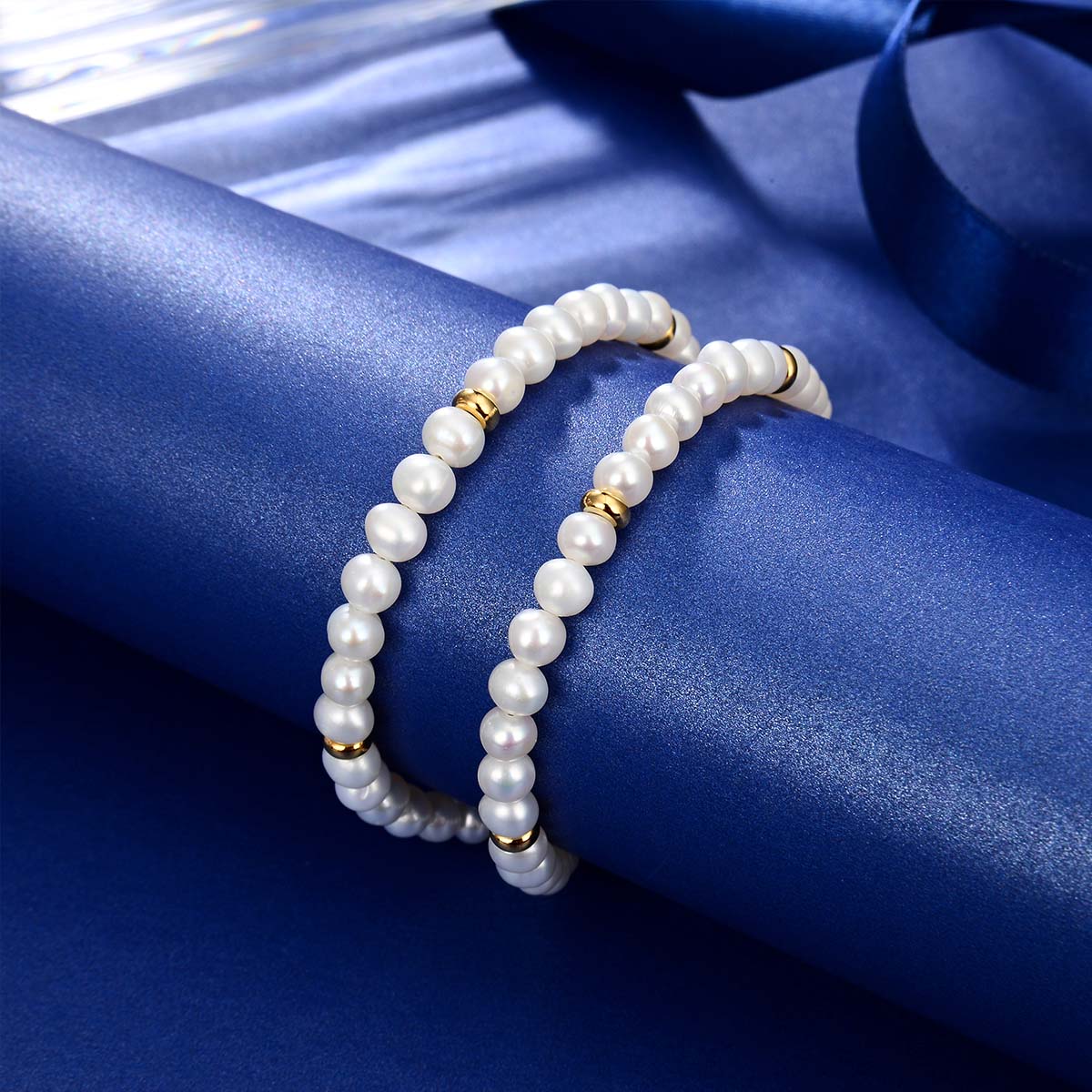 5-6mm white freshwater pearl bracelet two rows with 4x2mm silver beads pearl adjustable bracelet