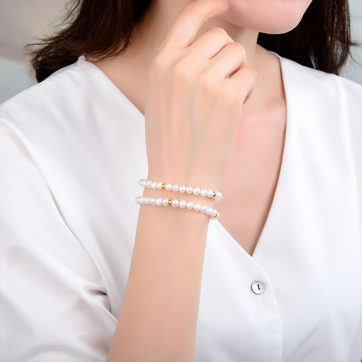5-6mm white freshwater pearl bracelet two rows silver pearl adjustable bracelet fashion handmade jewelry for women men