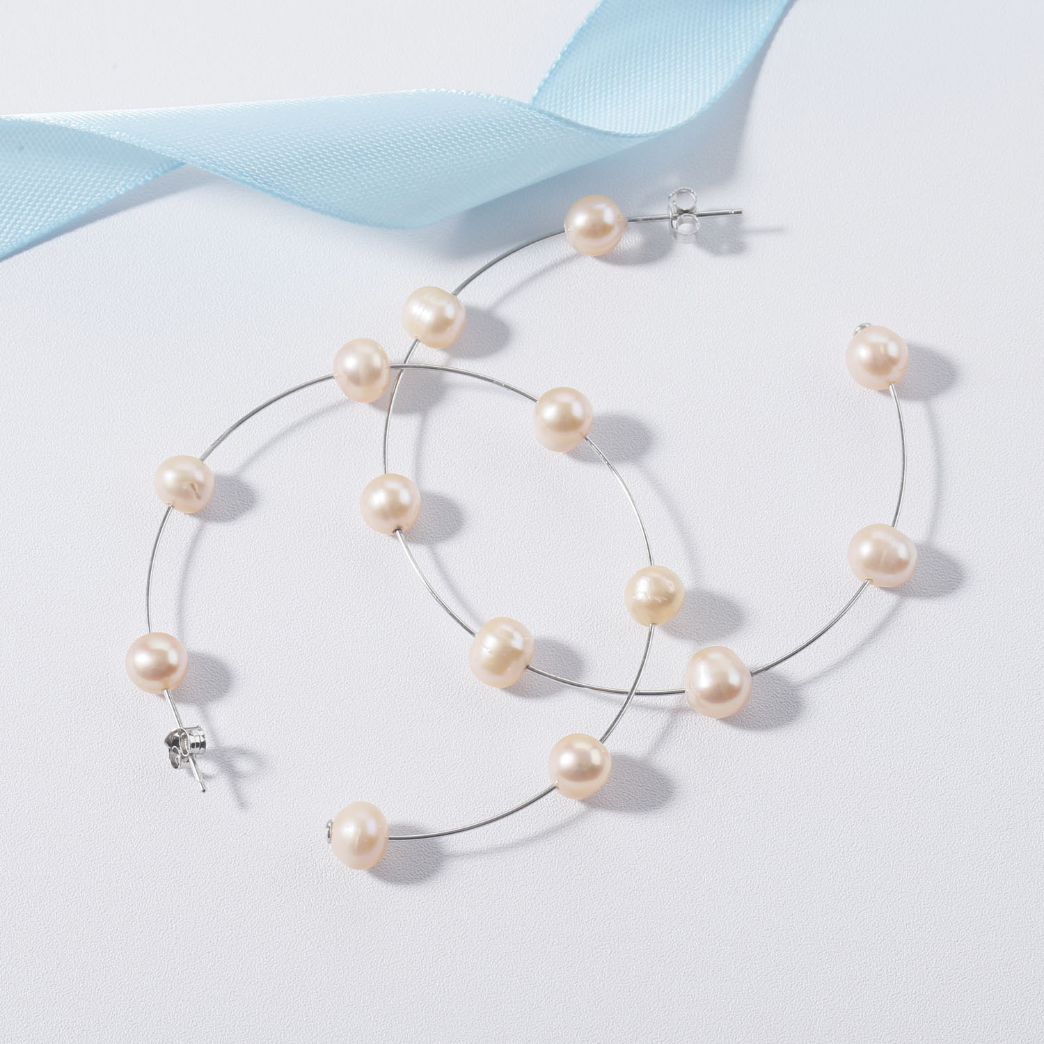 54mm silver c hoop earrings 7-8mm pink freshwater round pearl