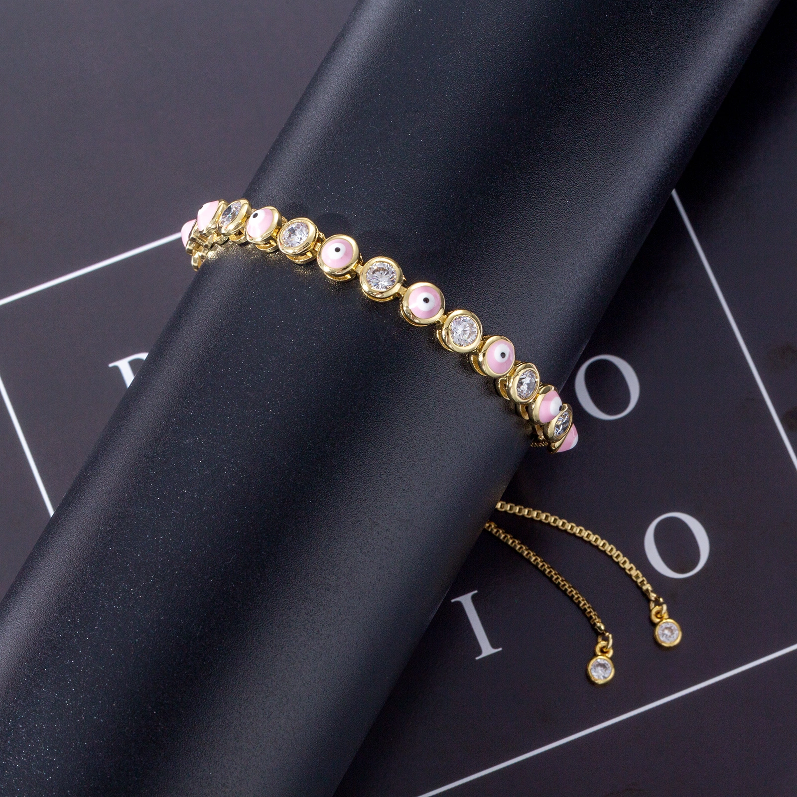 pink evil eyes charm brass adjustable chain enamel charm bracelet for women men
