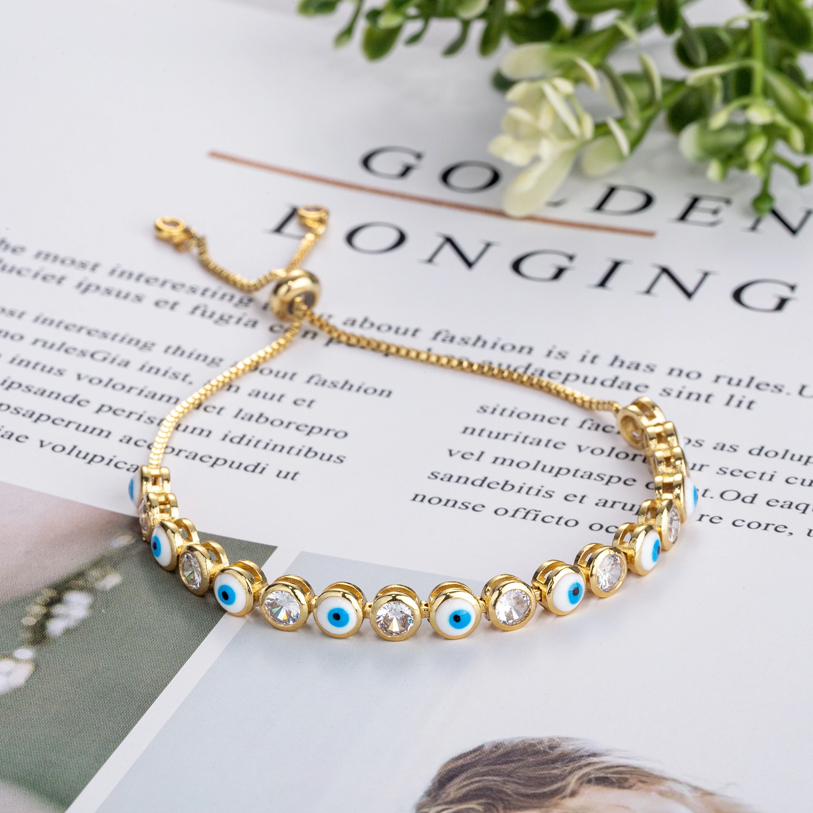 Fashion brass chain blue evil eyes bracelet handmade unique evil eyes enamel charm adjustable bracelet for women men