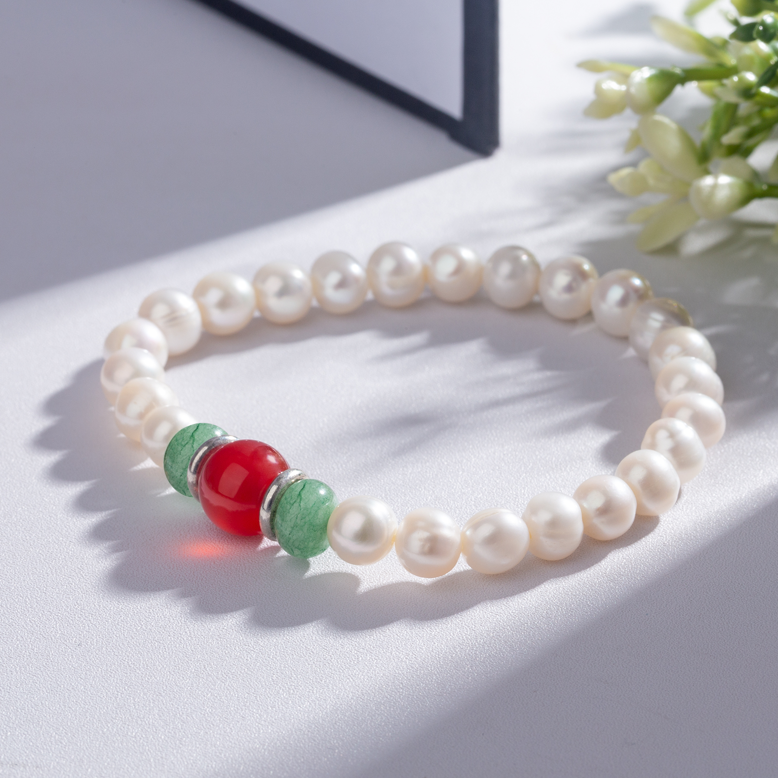 7-8mm freshwater pearl stretch bracelet red agate green aventurine handmade jewelry gifts