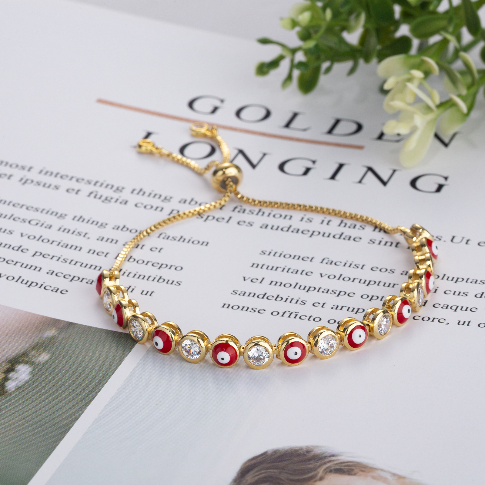 Fashion brass chain bracelet handmade unique red evil eyes enamel bracelet for women men