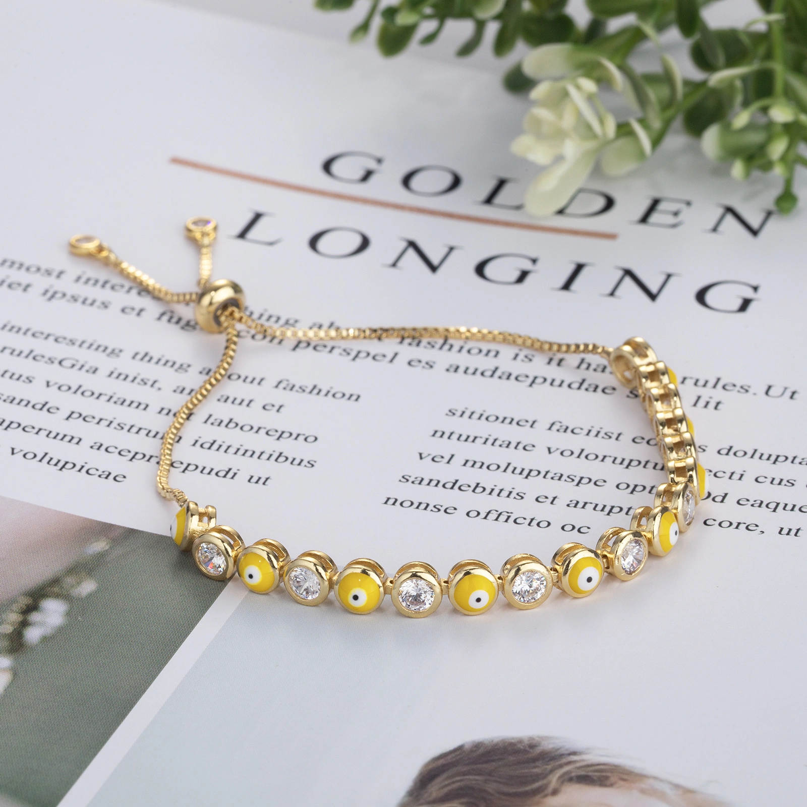 Fashion brass chain bracelet handmade unique yellow evil eyes enamel bracelet charm adjustable bracelet for women men