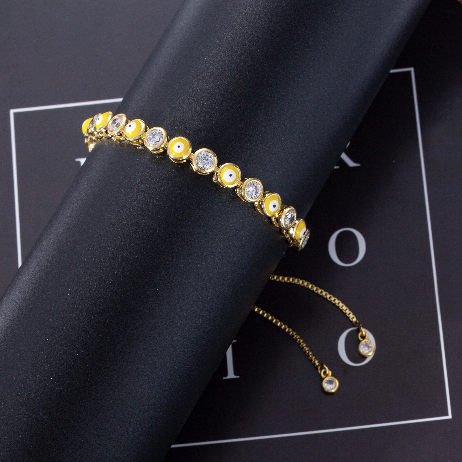 yellow evil eyes charm brass adjustable chain enamel bracelet for women men