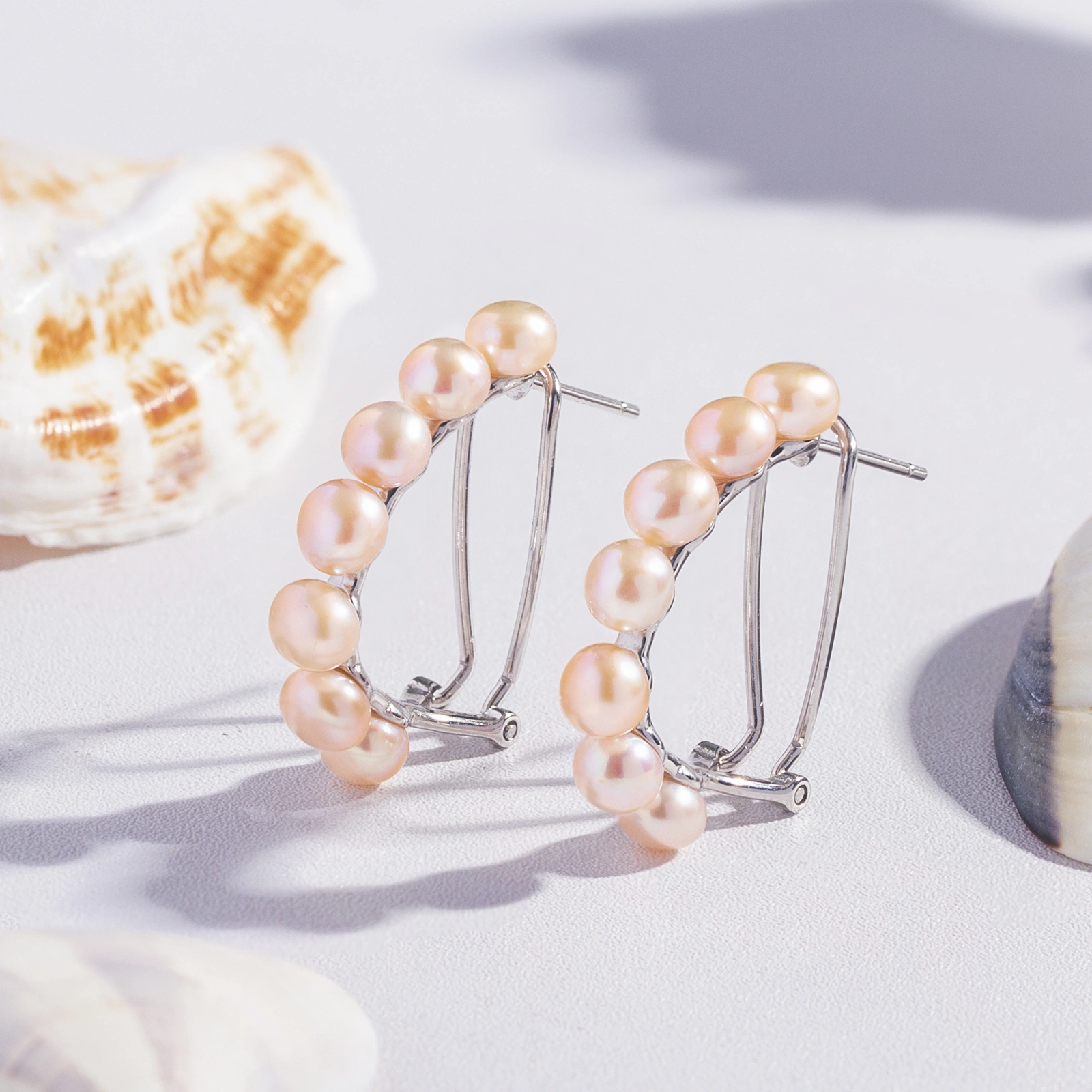 pink pearl silver omega earrings graceful women's jewelry