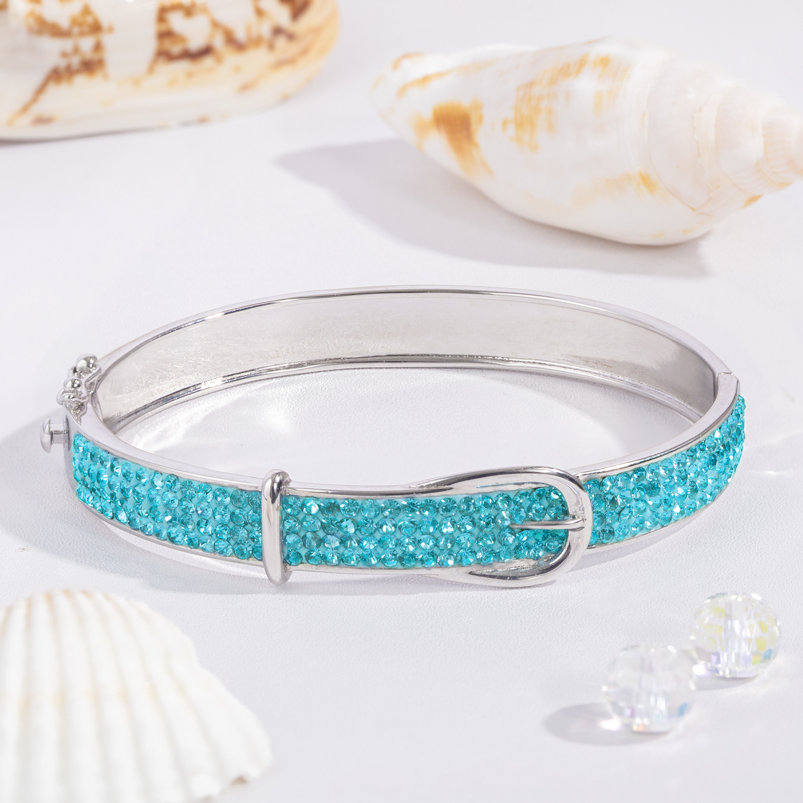blue crystal paved belt shape brass bangle for women men