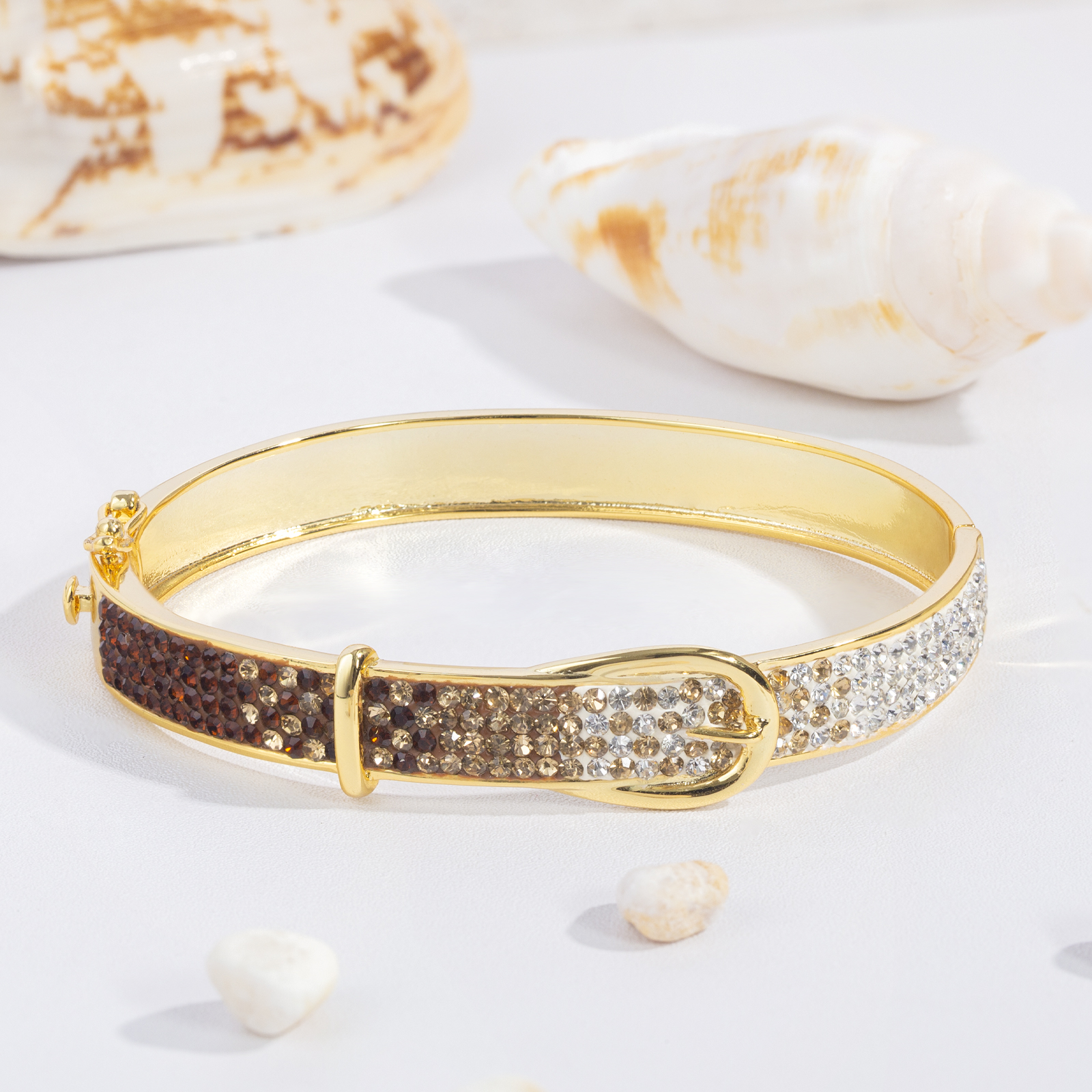 belt shape crystal paved with gold plated brass bangle