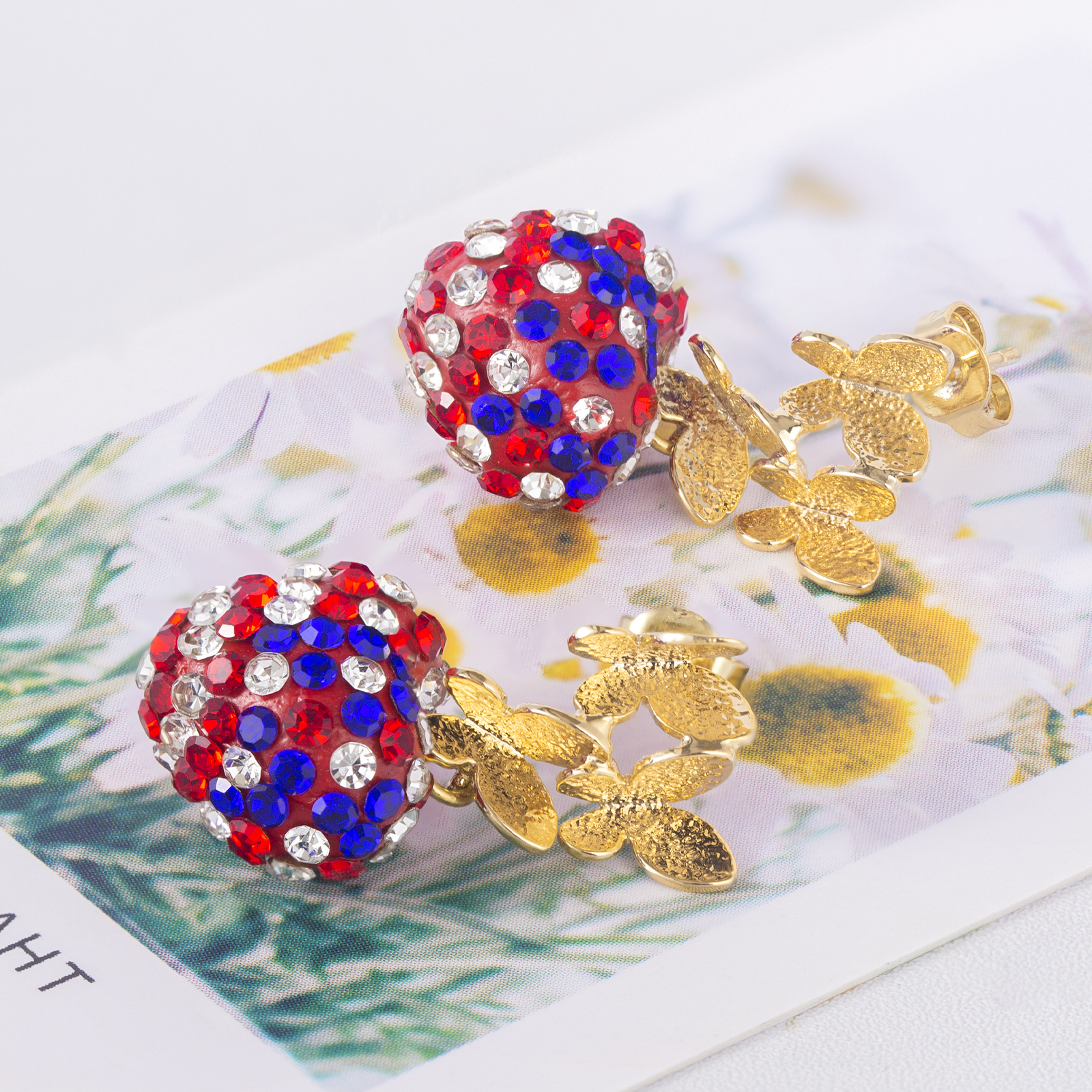 brass butterfly charm earrings with 925 sterling silver post elegant crystal drop earrings