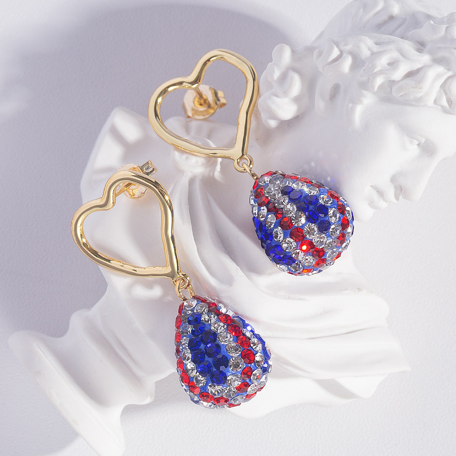 the Old Glory crystal earrings for women girls brass heart silver stud earrings