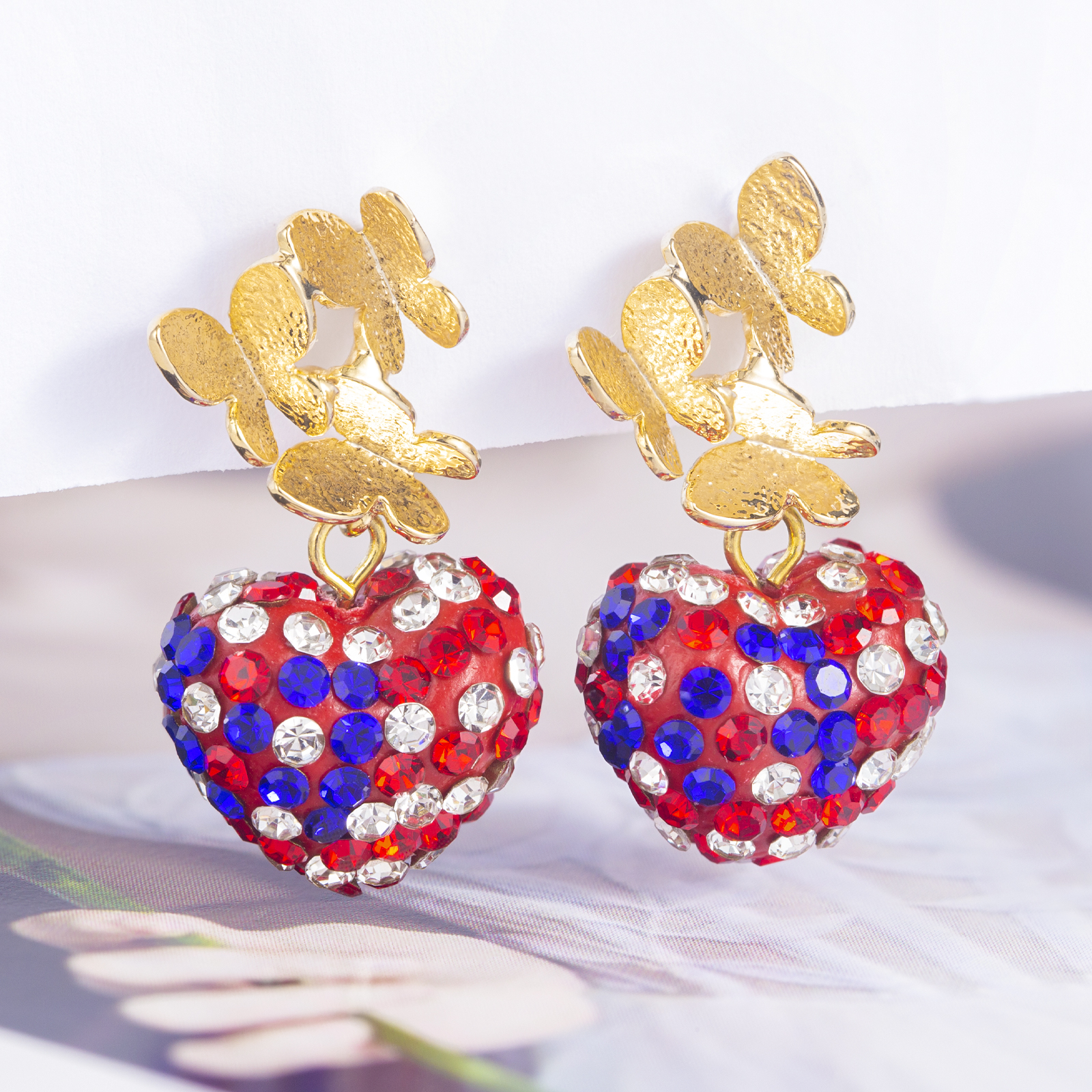 14mm colorful heart shape crystal drop earrings with brass butterfly charm