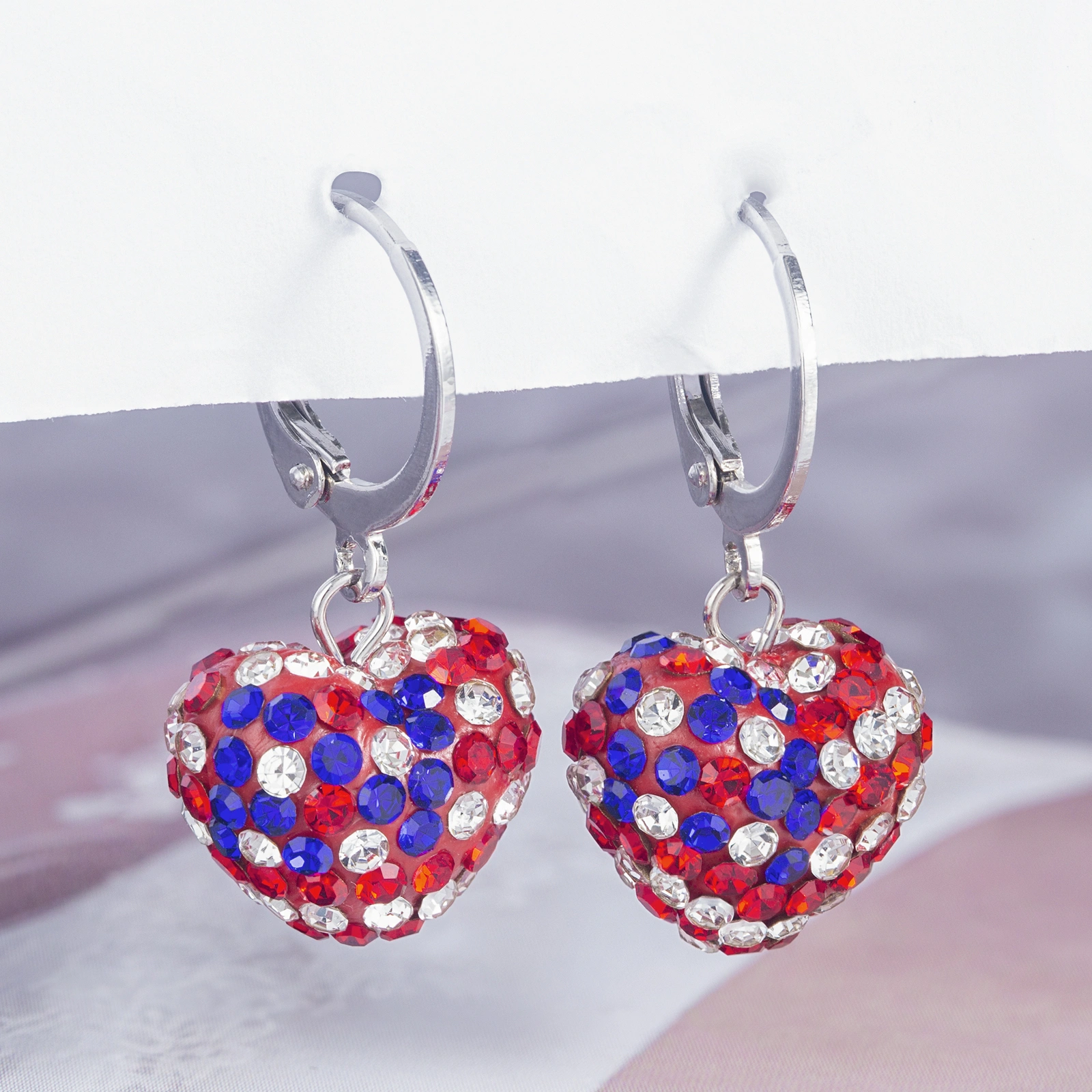 14mm colorful heart shape crystal drop brass leverback earrings