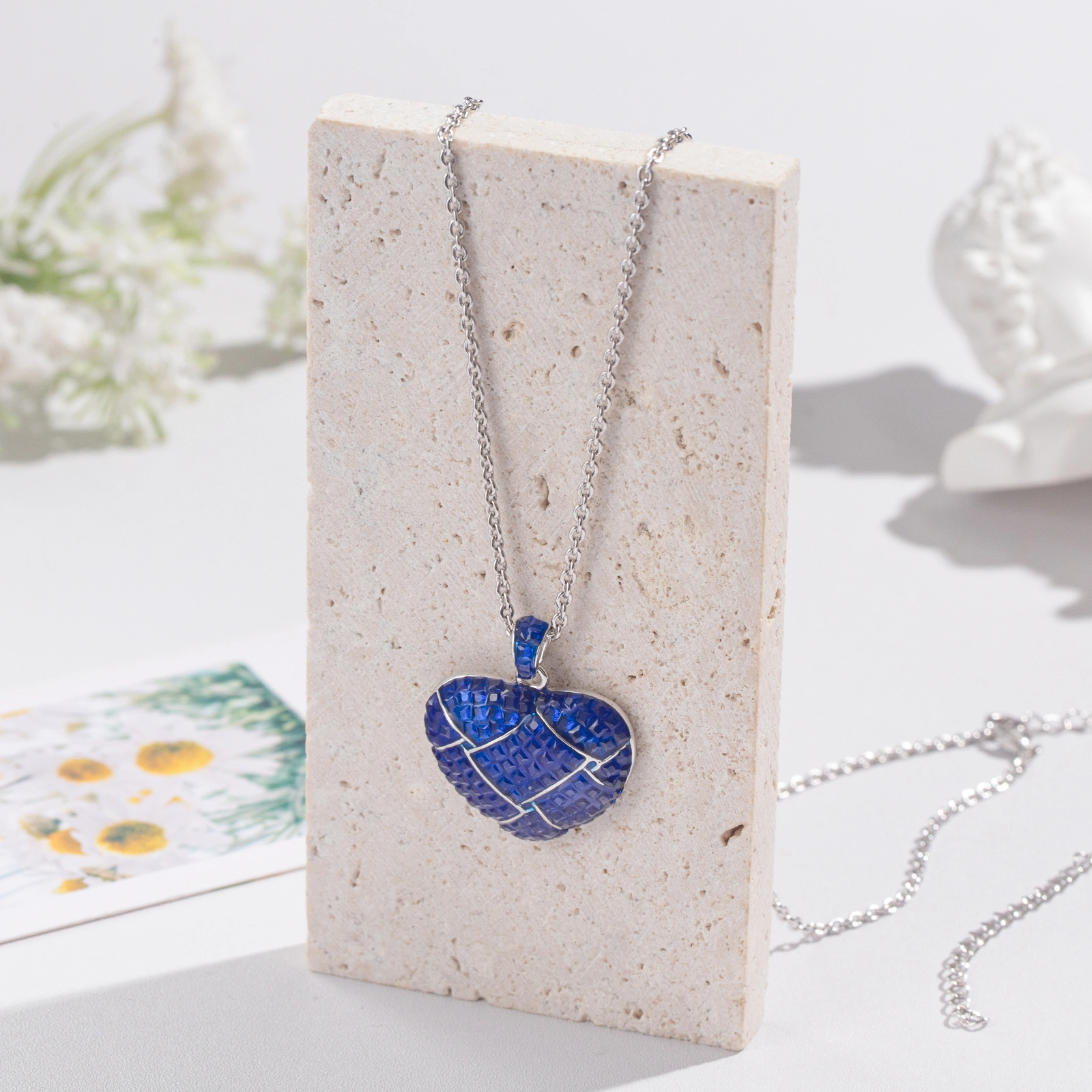 elegant brass chain necklace heart shape pendant paved with created sapphire best jewelry gifts for women men