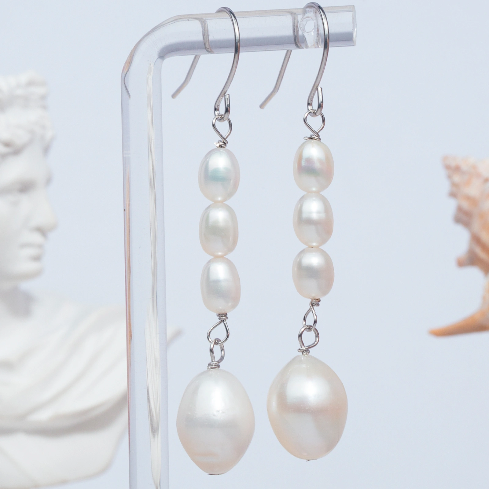 925 sterling silver hook earrings with 5-6mm&11-12mm white oval shape freshwater cultured pearl drop earrings for women