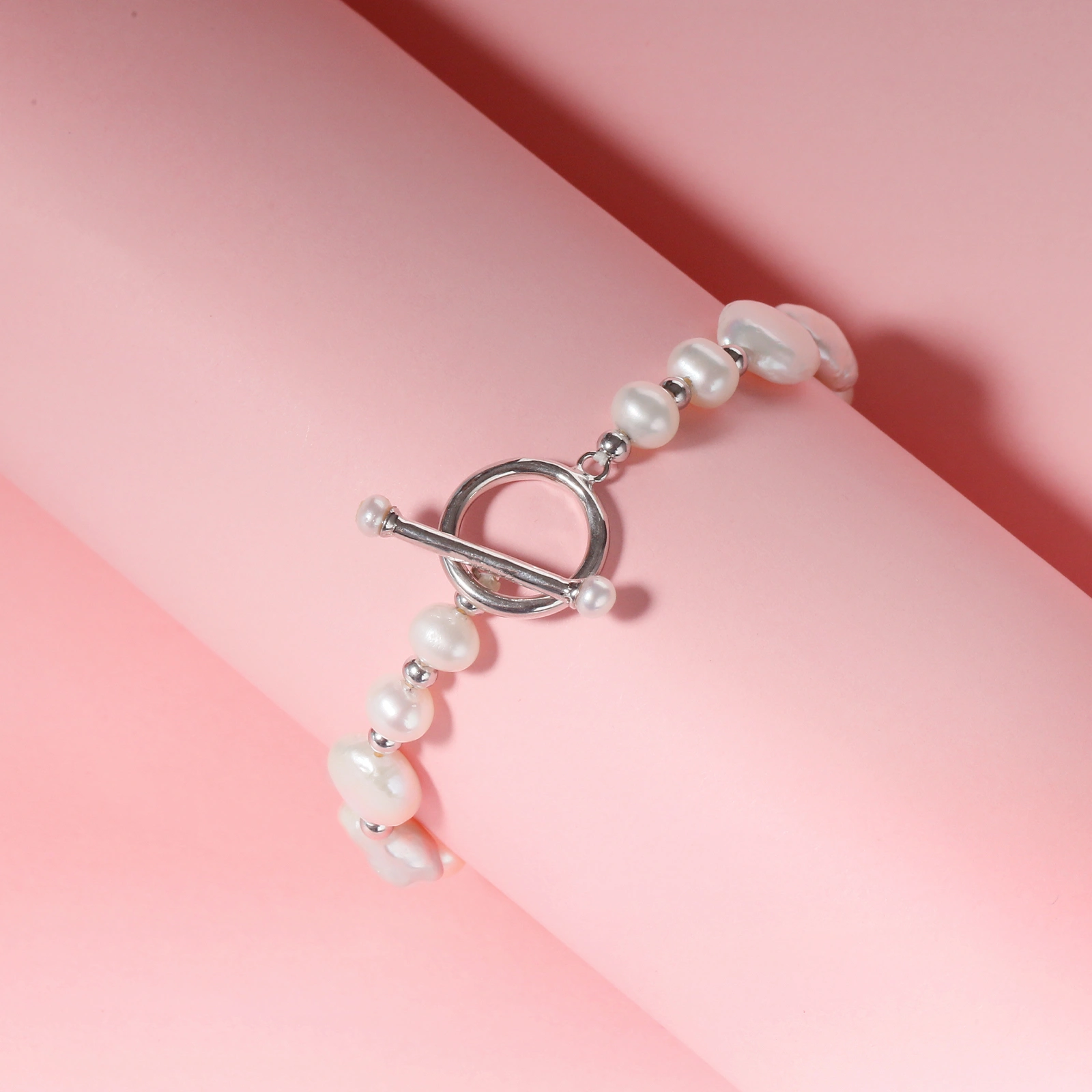 fashion handmade freshwater pearl bracelet silver beads & ot clasp for women men