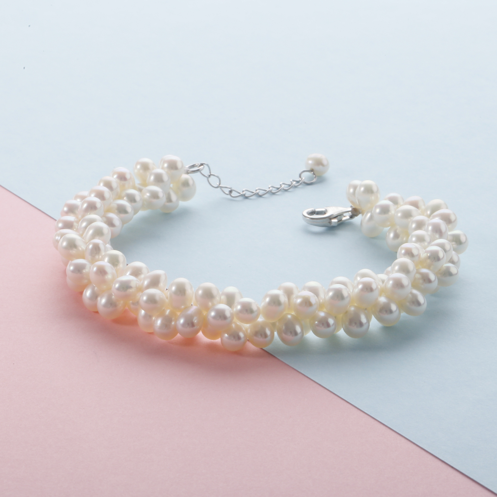 5-6mm rice freshwater pearl rows cluster bracelet with 925 sterling silver lobster clasp