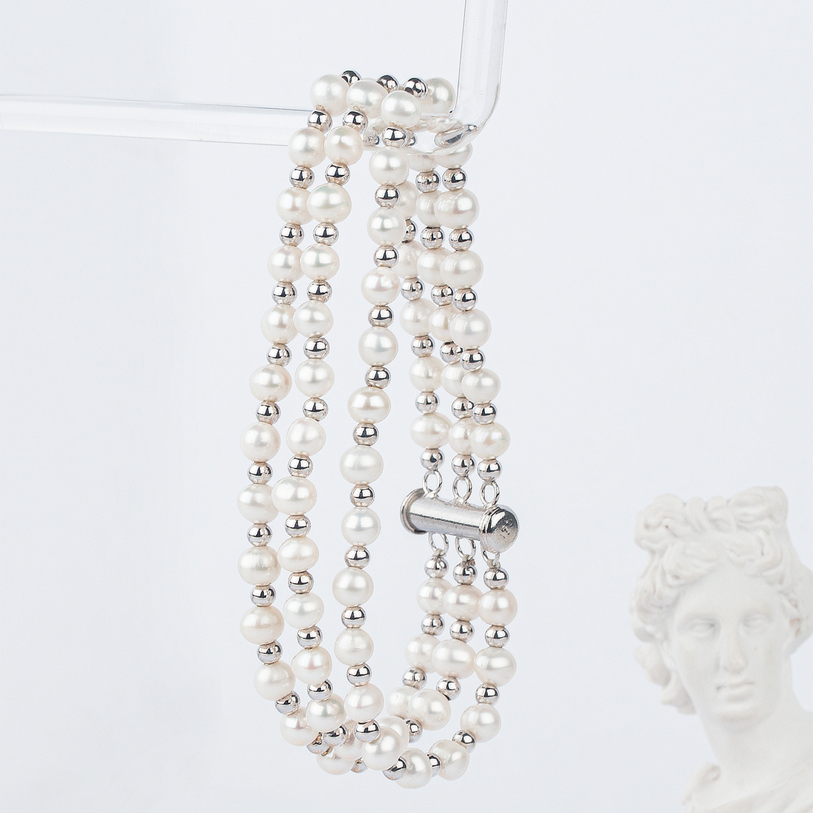 simple elegant silver beads with pearl bracelet elegant white 5-6mm freshwater round pearl rhodium plated women jewelry