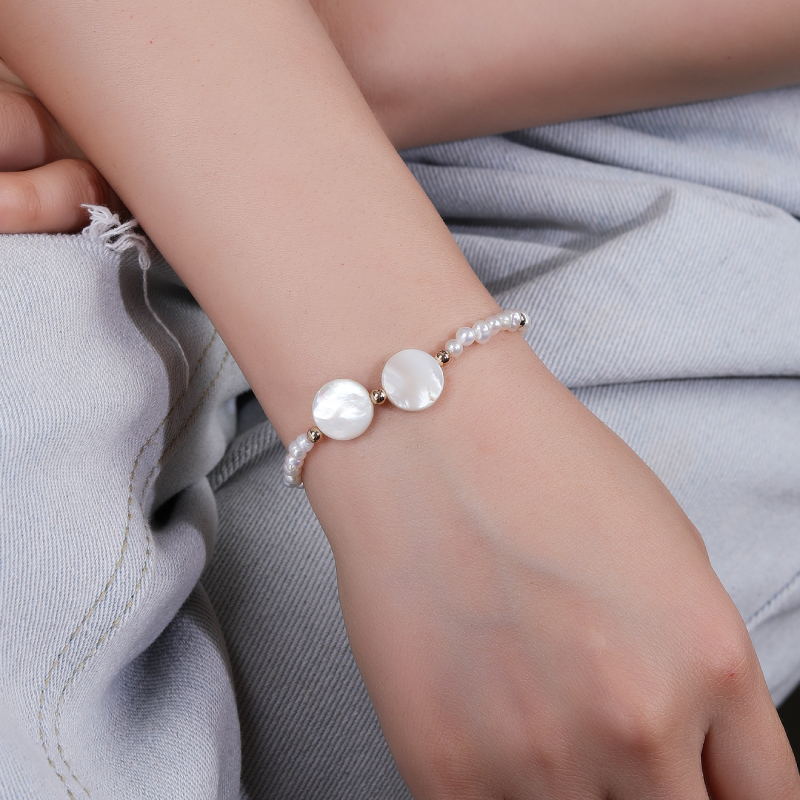 3mm Freshwater Pearl with 11-12mm Round Mother of Pearl Stretch Bracelet Daily Wear Fine Jewelry
