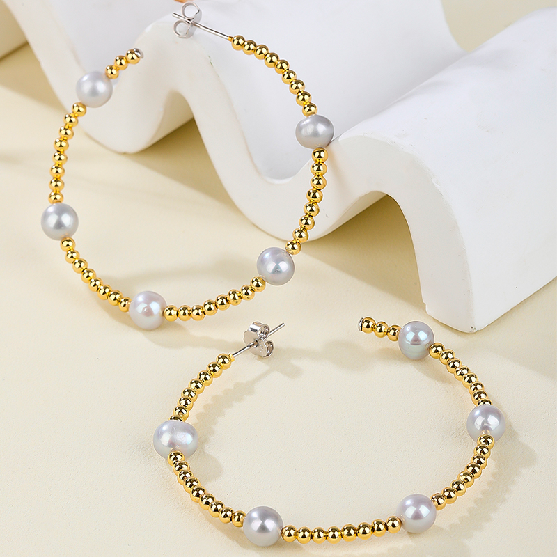 925 silver hoop earrings with vermeil&7-8mm freshwater grey pearl earring 60mm diameter