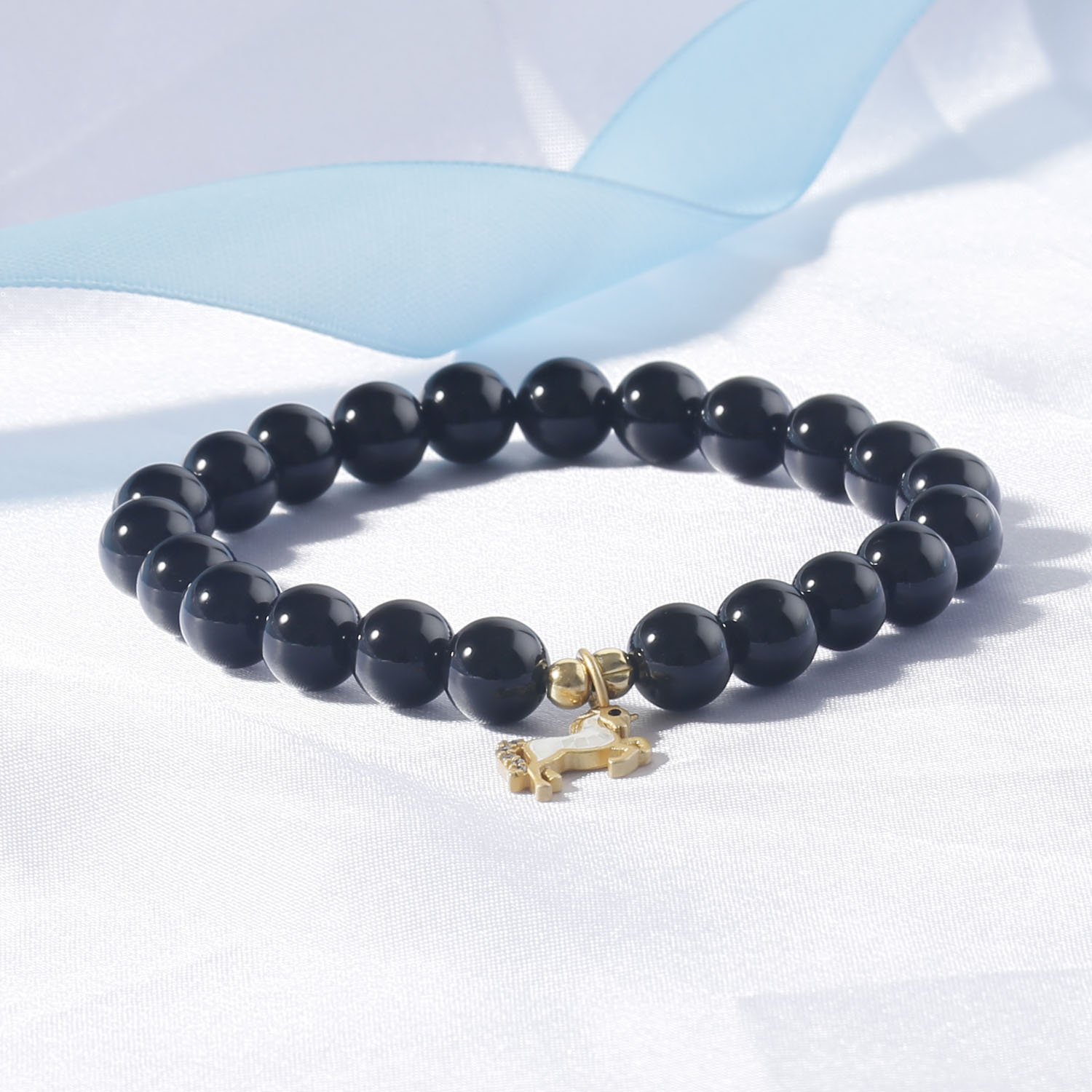 7.5 length stone stretchy bracelet with 8mm black onxy round beads