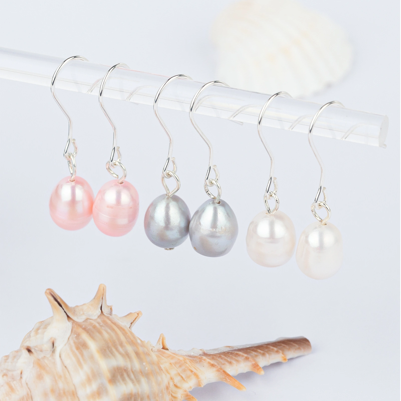 8mm white&pink&grey freshwater cultured pearl stud earrings for women