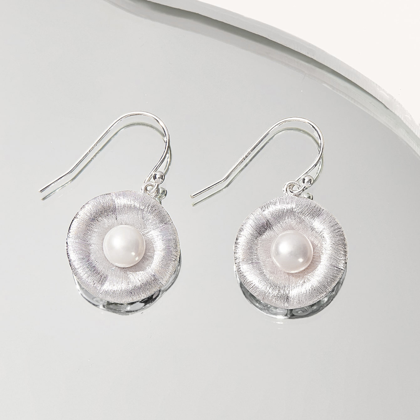 simple handmade button pearl silver hook earrings