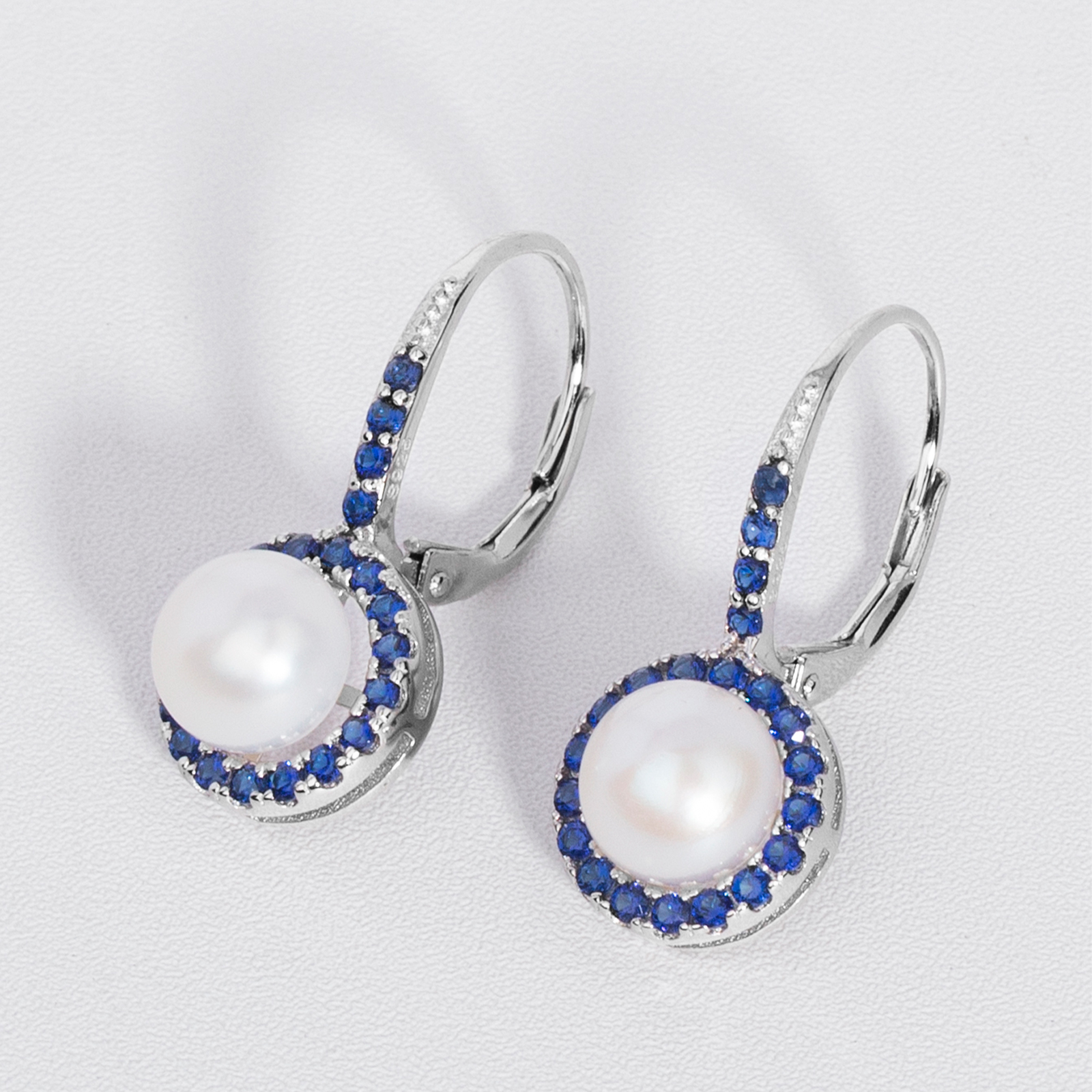 7-8mm white button shape freshwater cultured pearl silver leverback earrings paved with blue cz for women