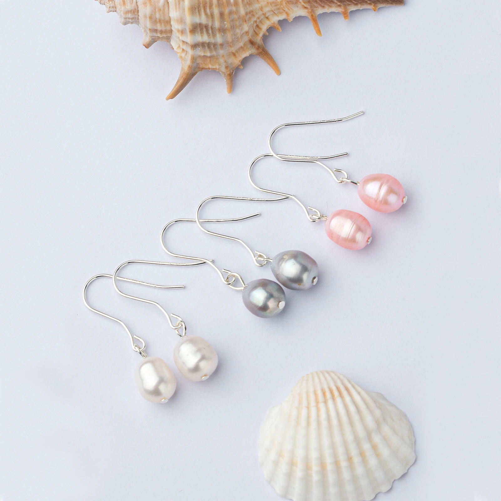 925 sterling silver earrings 8mm white,pink,grey freshwater cultured pearl drop earrings three sets for women