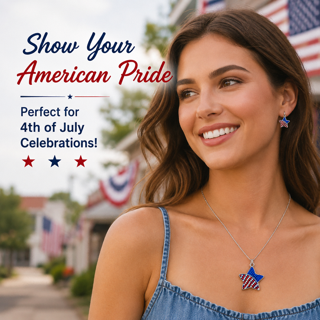 Lifestyle photo: model wearing patriotic jewelry for 4th of July celebration.