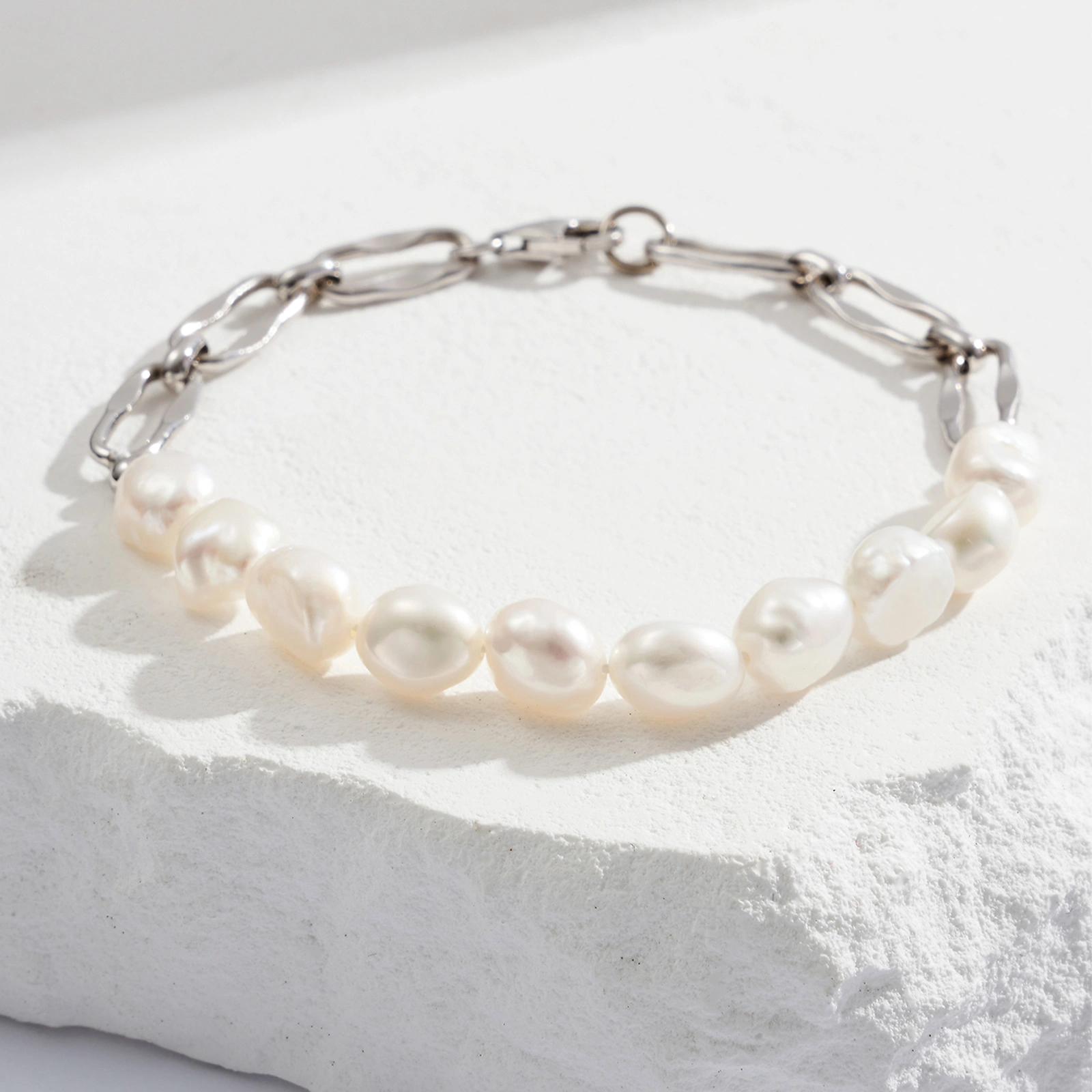 simple elegant silver chain bracelet with white 8-9mm freshwater baroque pearl rhodium plated women jewelry