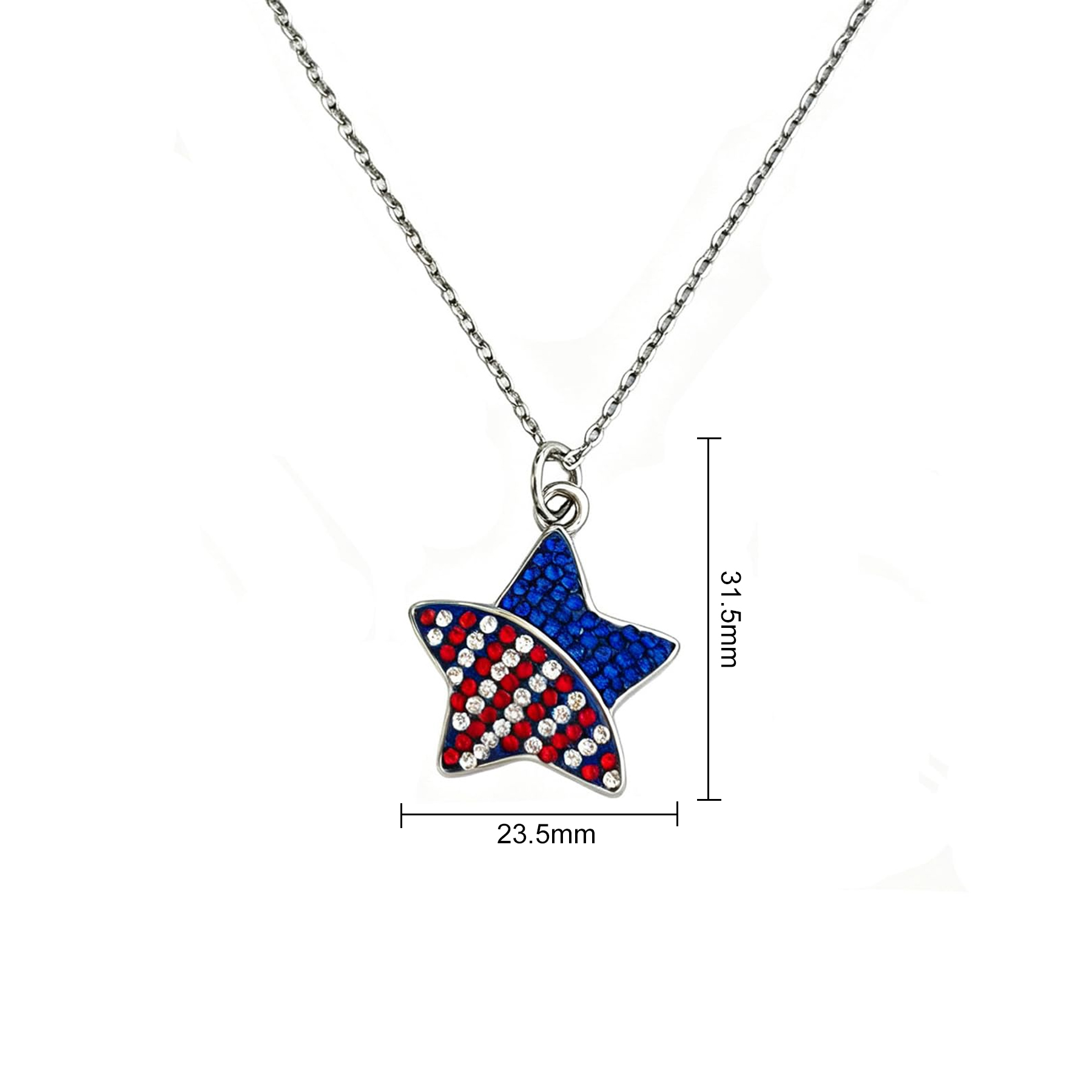 American flag star necklace with marked pendant dimensions.