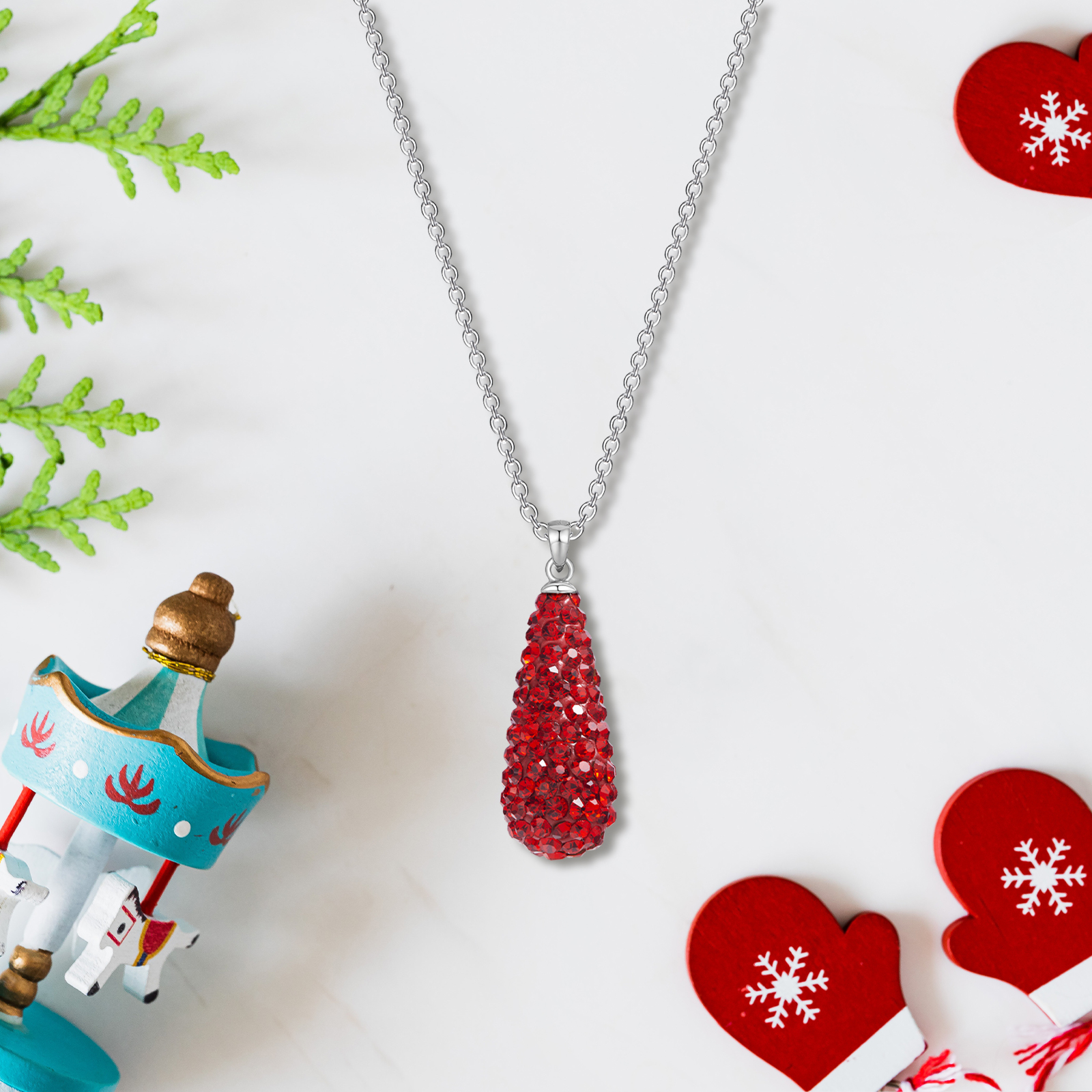 brass chain necklace paved with red crystal fashion 27x9mm teardrop shape pendant