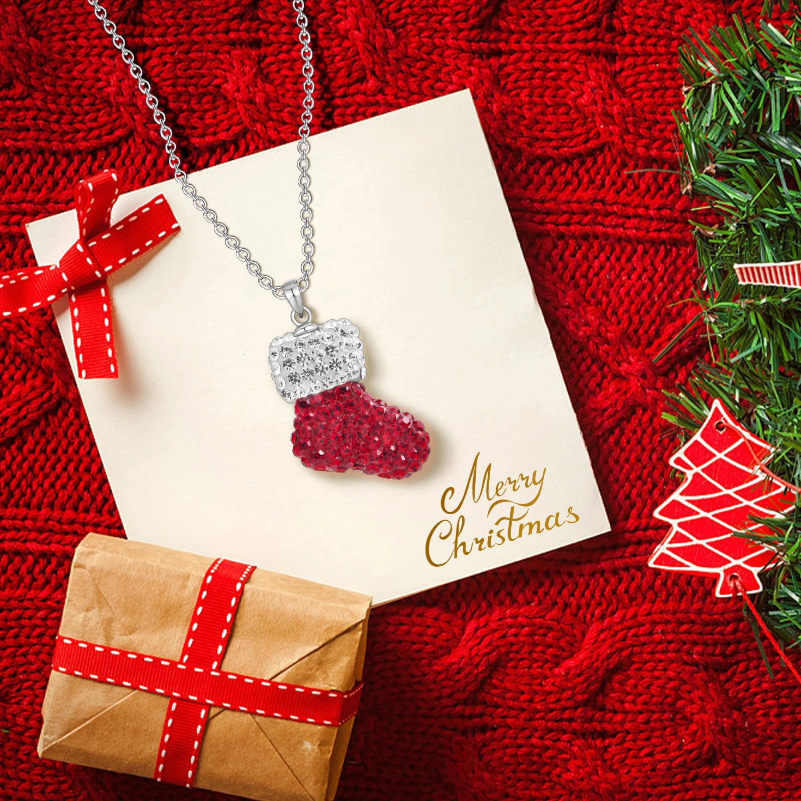 21x18mm christmas sock shape white&red crystal paved pendant brass chain necklace for women men
