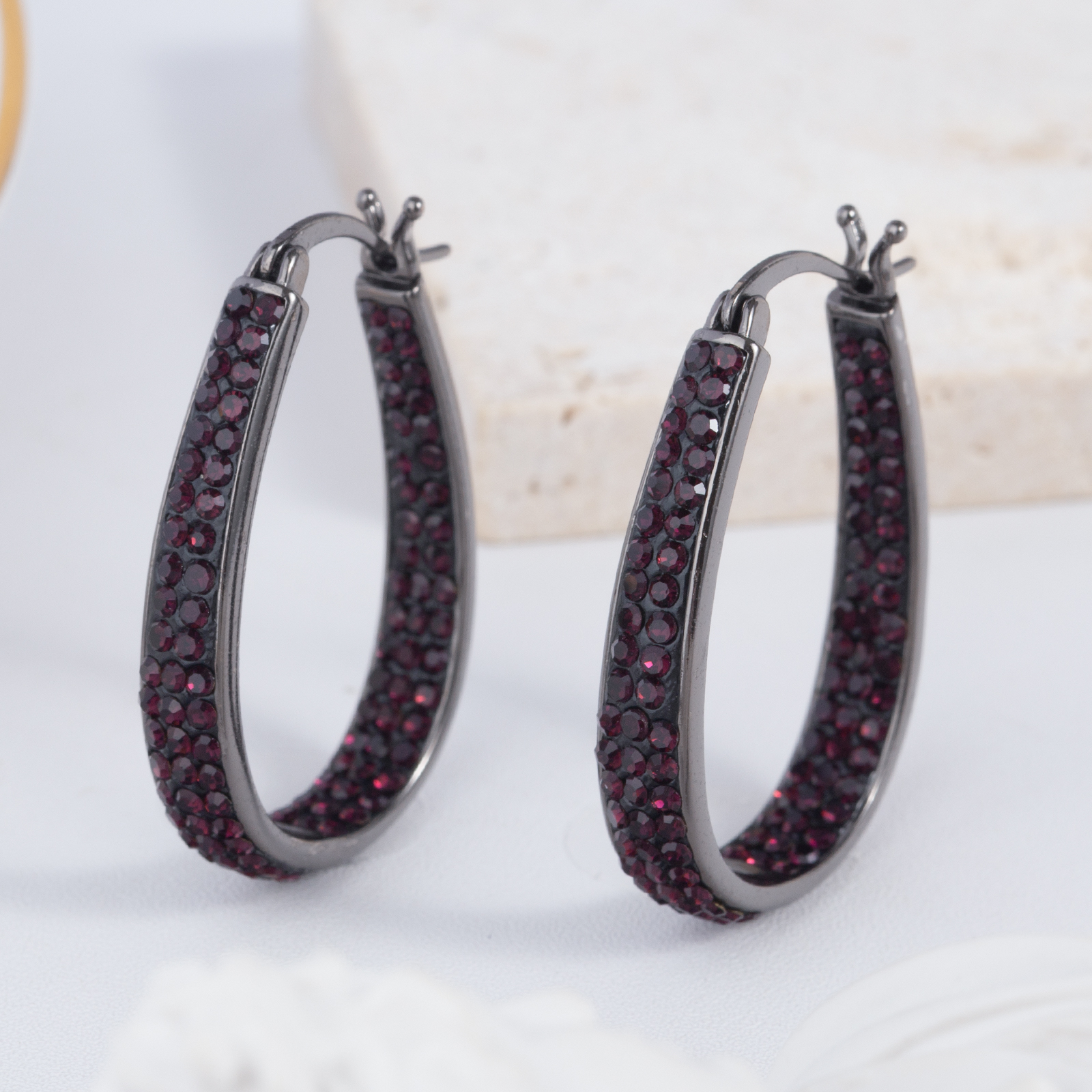 fashion top-clip brass hoop earrings with dark red crystal for women elegant sparkling jewelry