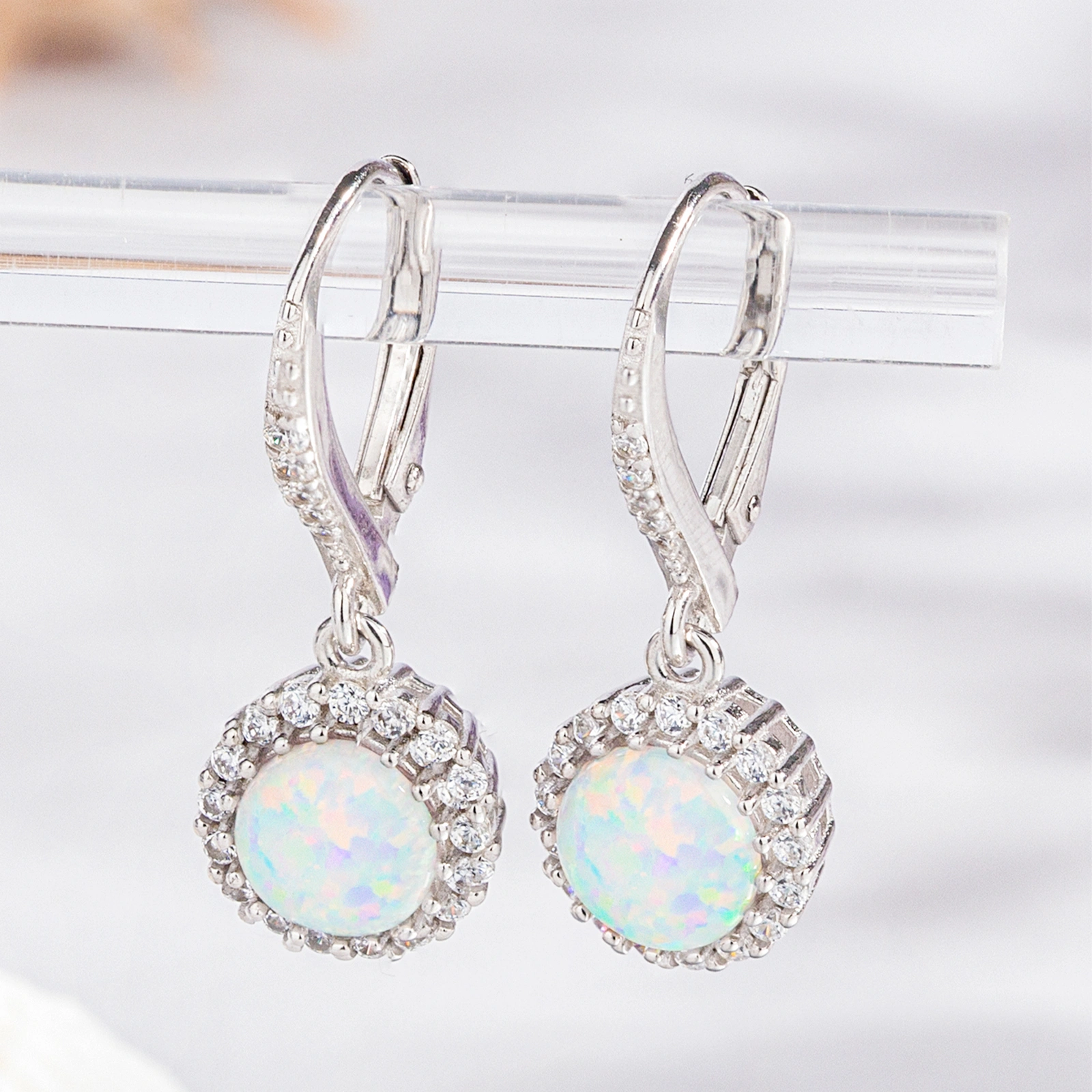 925 sterling silver leverback earrings for women girls elegant round shape paved with cz& opal drop earrings