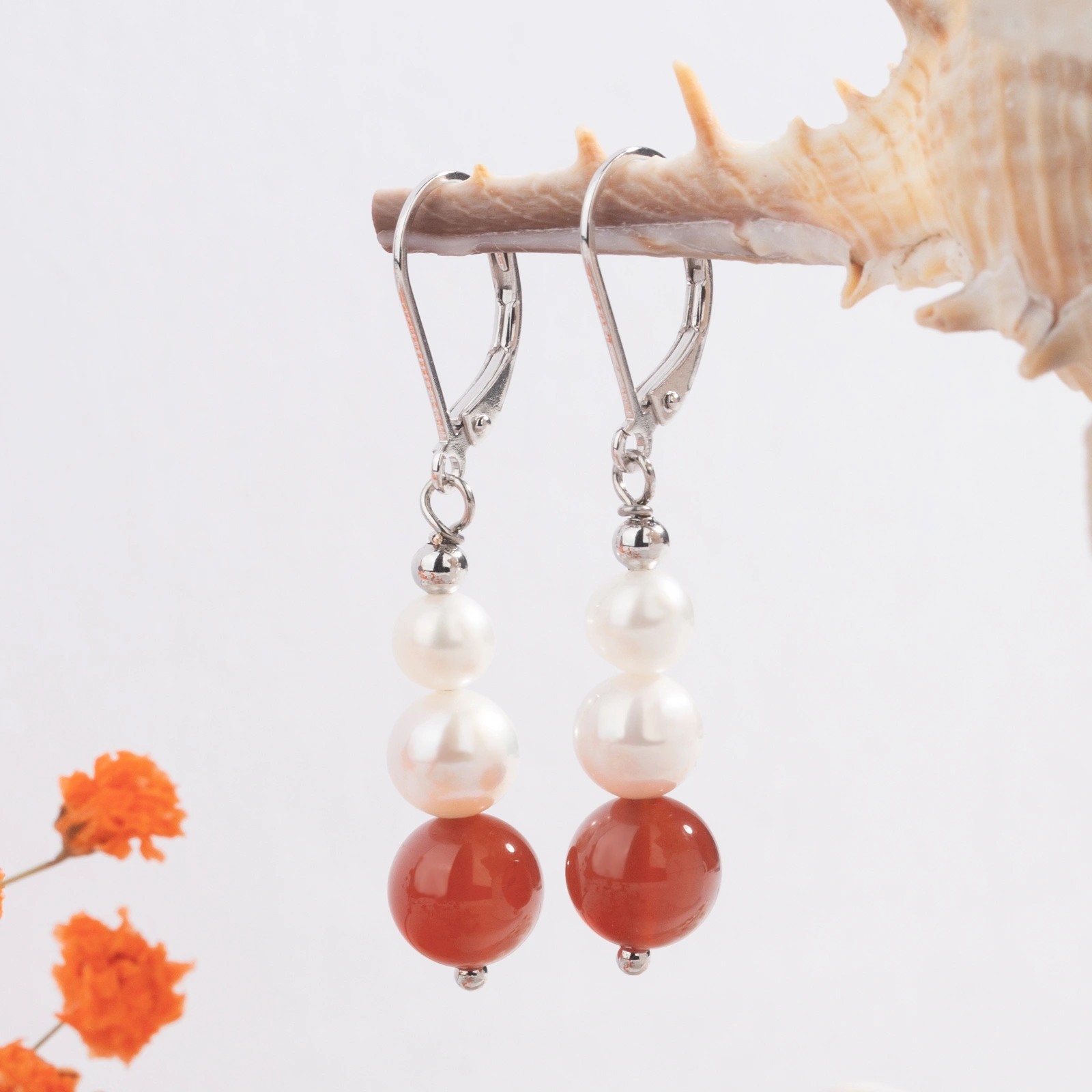 trilaminar pearl silver lever back drop earrings with red agate elegant jewelry
