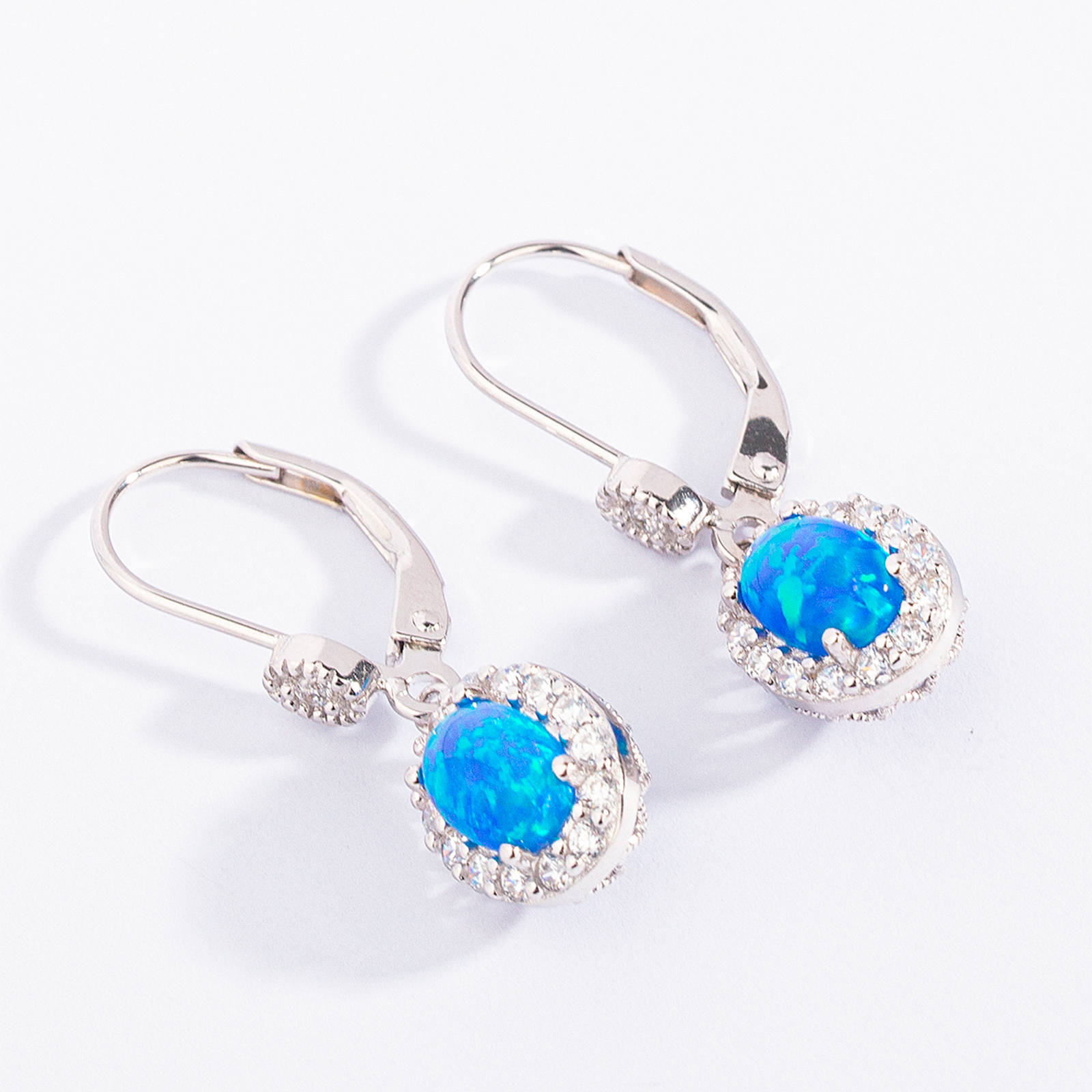 fashion silver leverback earrings paved with white cubic zirconia and oval opal drop earrings for women girls