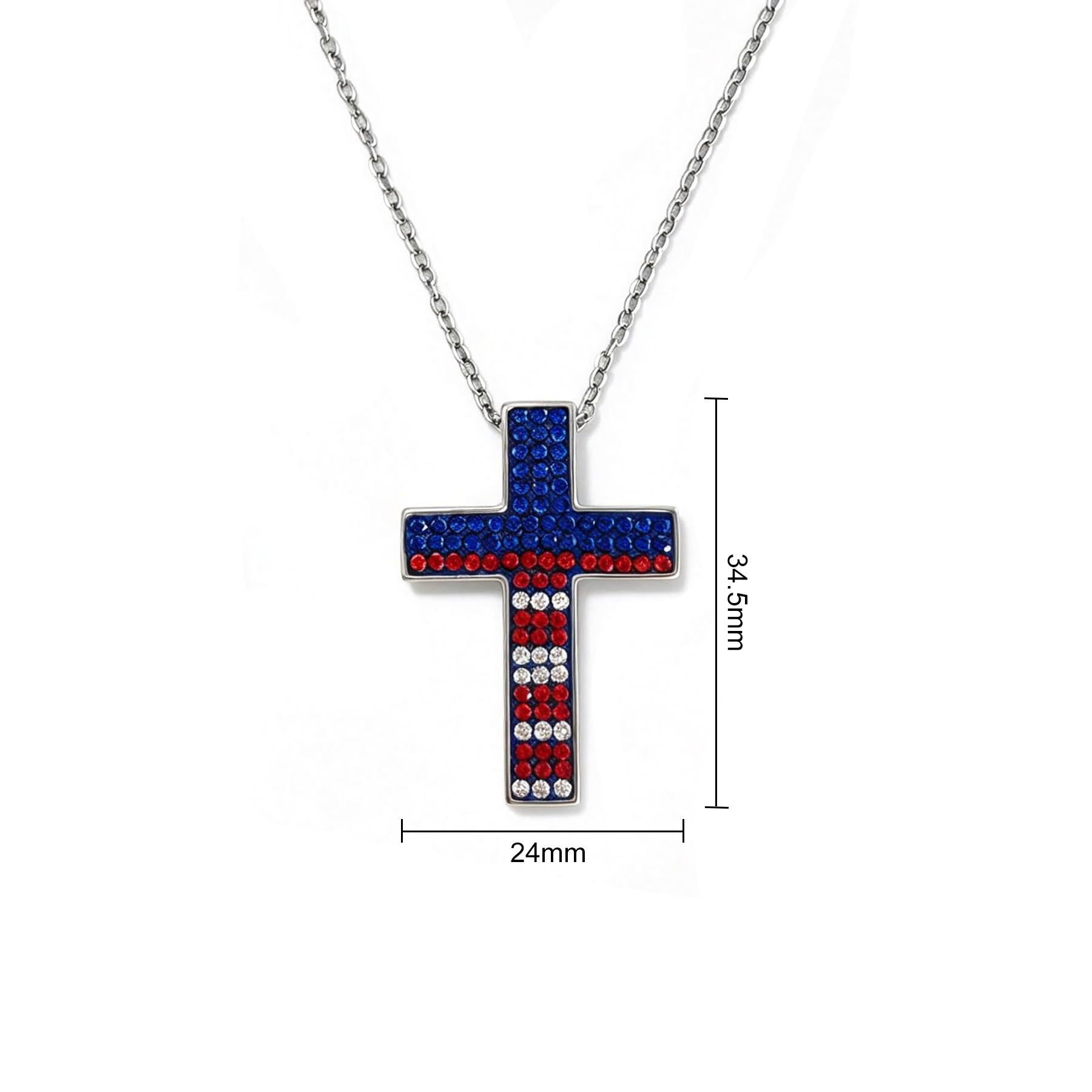 American flag cross cz necklace with marked pendant size dimensions.