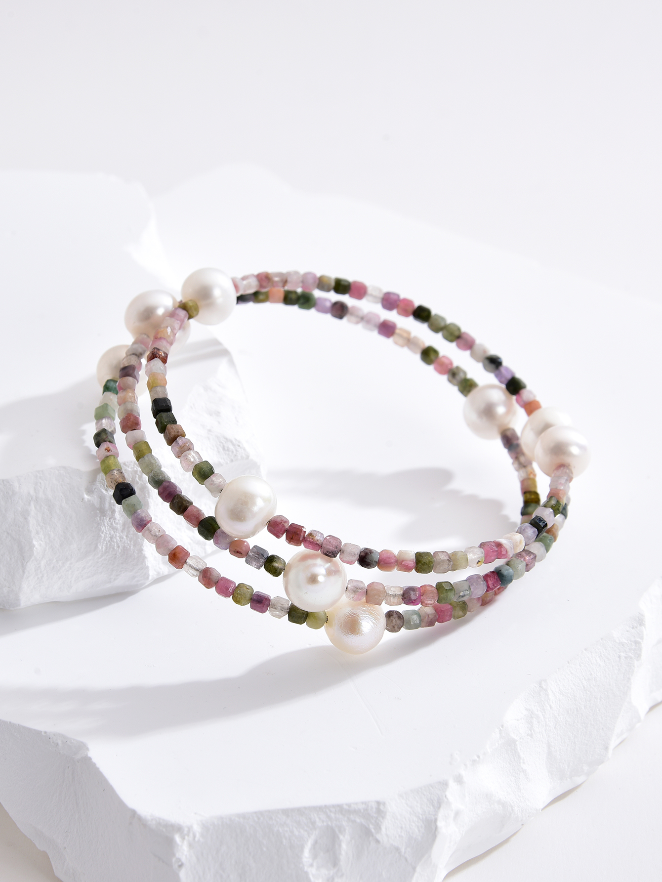 925 sterling silver freshwater pearl with 2mm round facted tourmaline around coil 3 rows bracelets