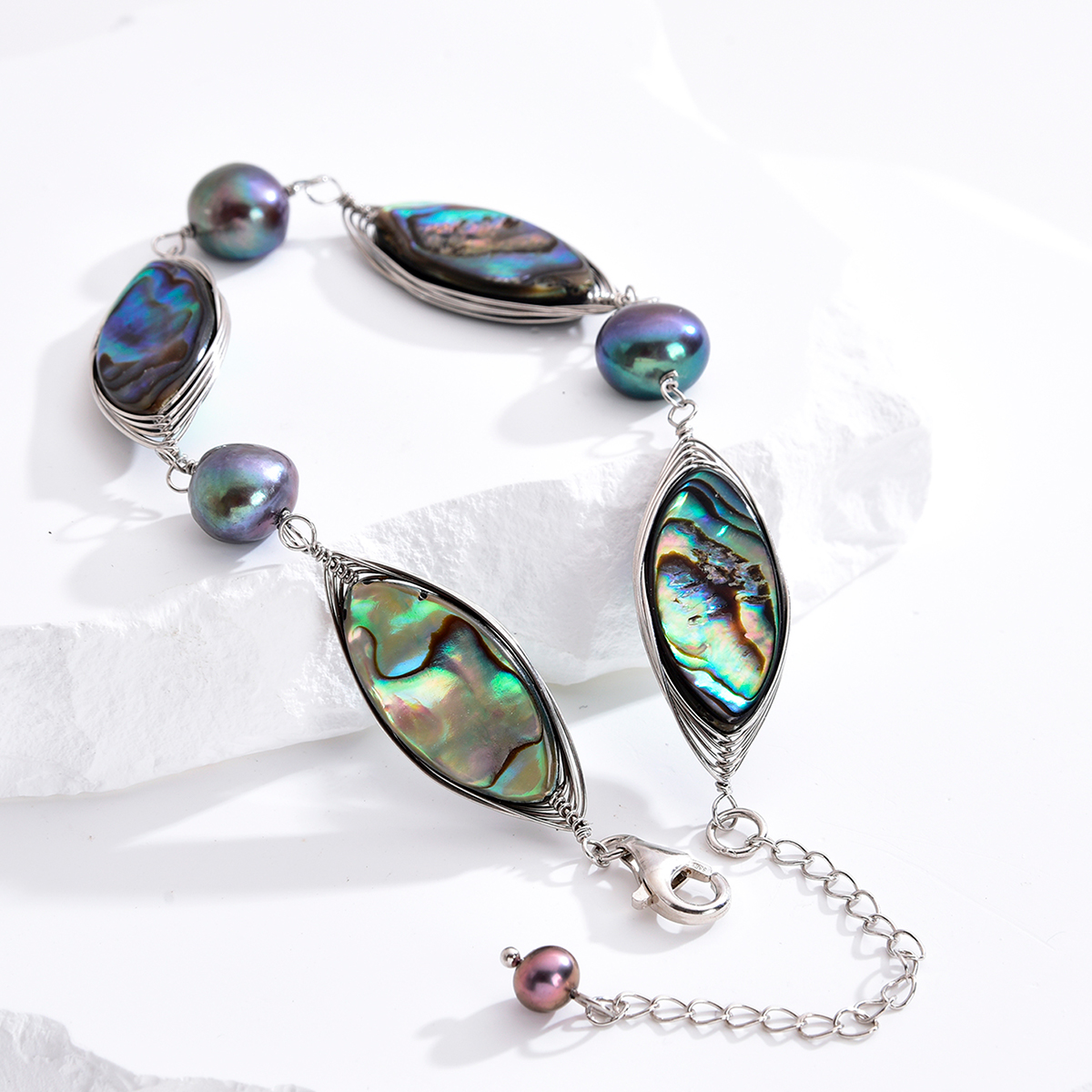 Freshwater Pearl with Ablaone Beads 925 Sterling Silver Bracelet
