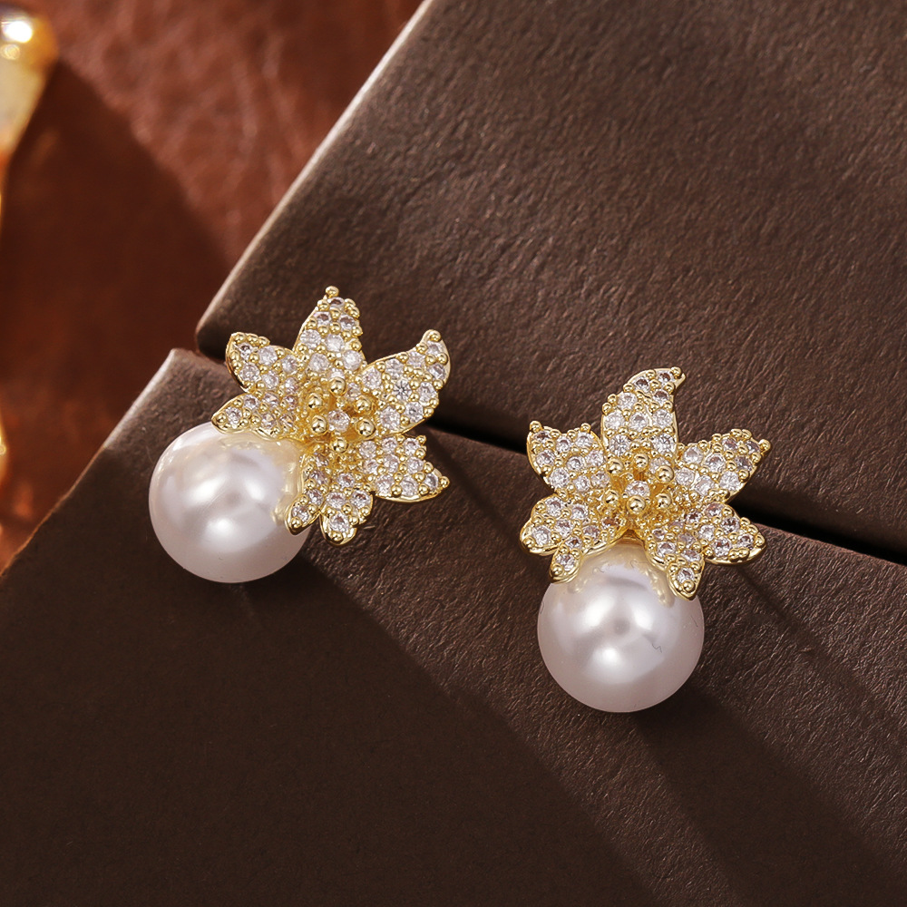 brass earrings for women fashion luxurious cubic zirconia with freshwater pearl drop pearsonal trilaminar dangle earrings