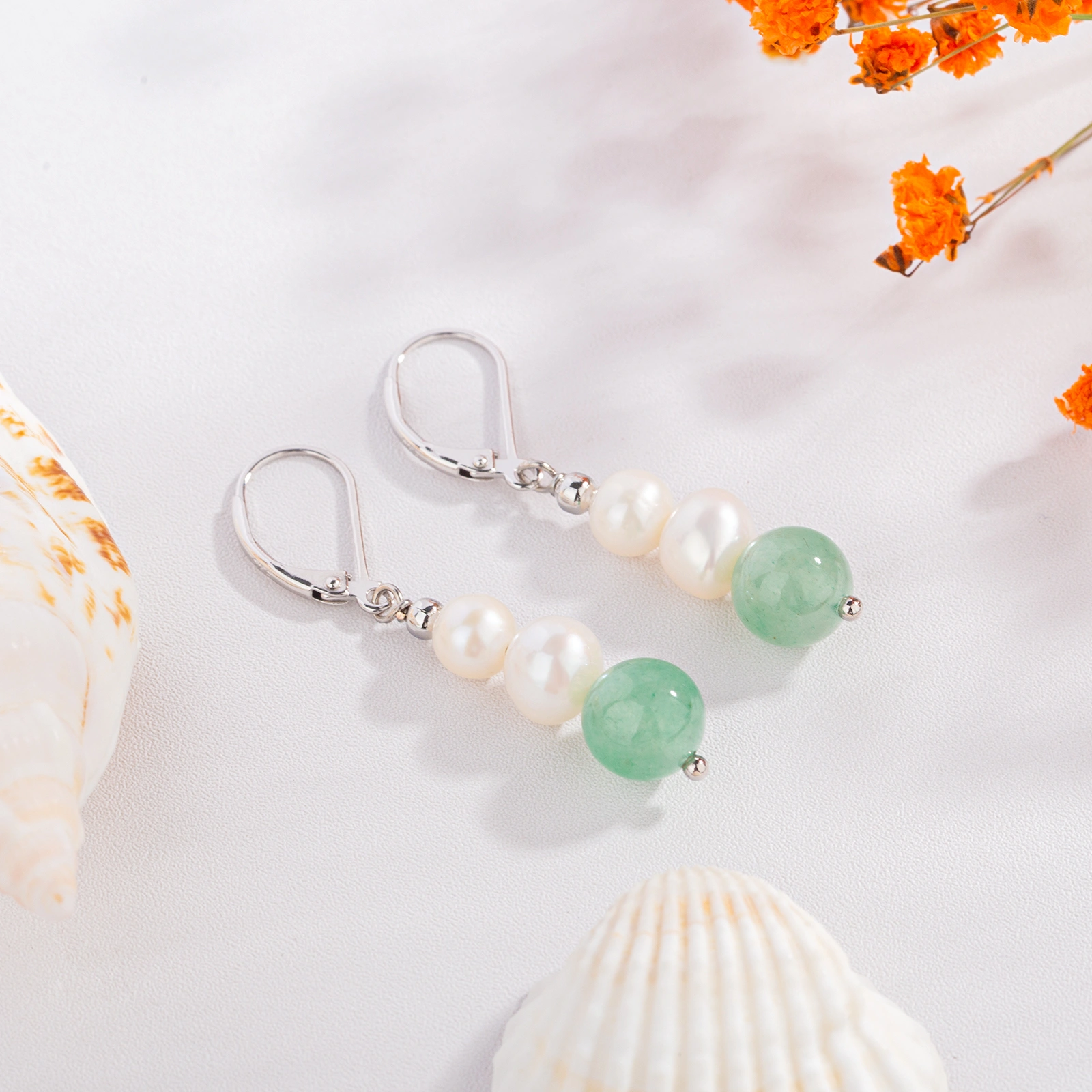 trilaminar pearl silver lever back drop earrings with green aventurine elegant jewelry