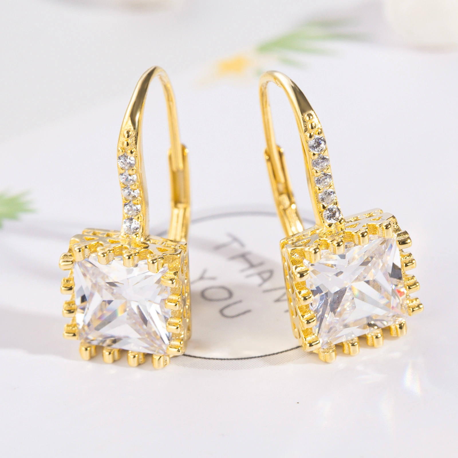 10mm faceted square white cz with 1mm round cz silver lever back earrings